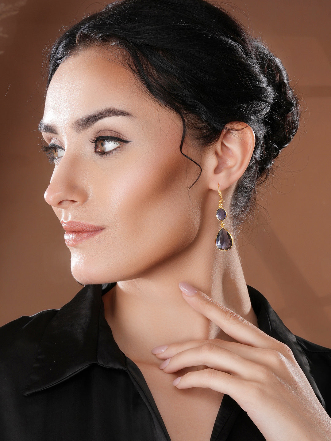 Gold Toned Blue Cyrstal tear drop dangler shaped minimal Earrings