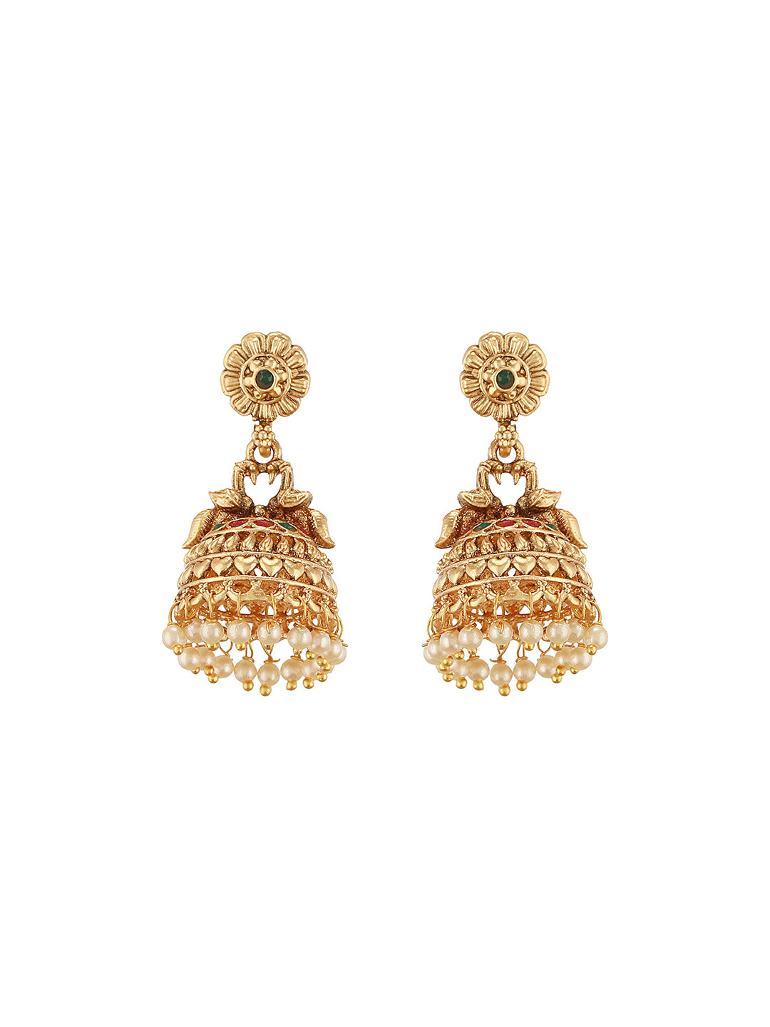 Gold Finish Green Kempo Studded Peacock Design Temple  Jhumka Earrings