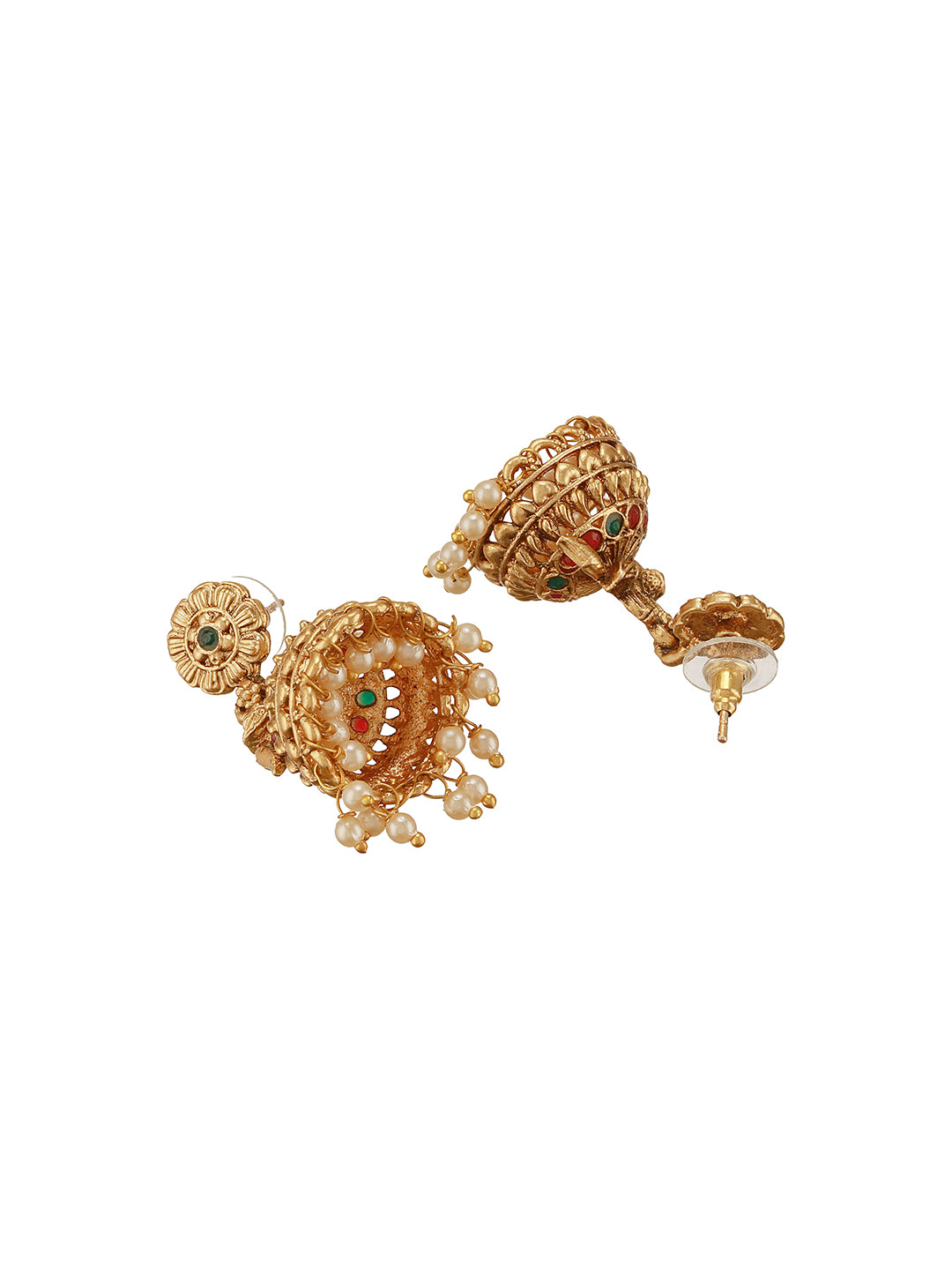 Gold Finish Green Kempo Studded Peacock Design Temple  Jhumka Earrings