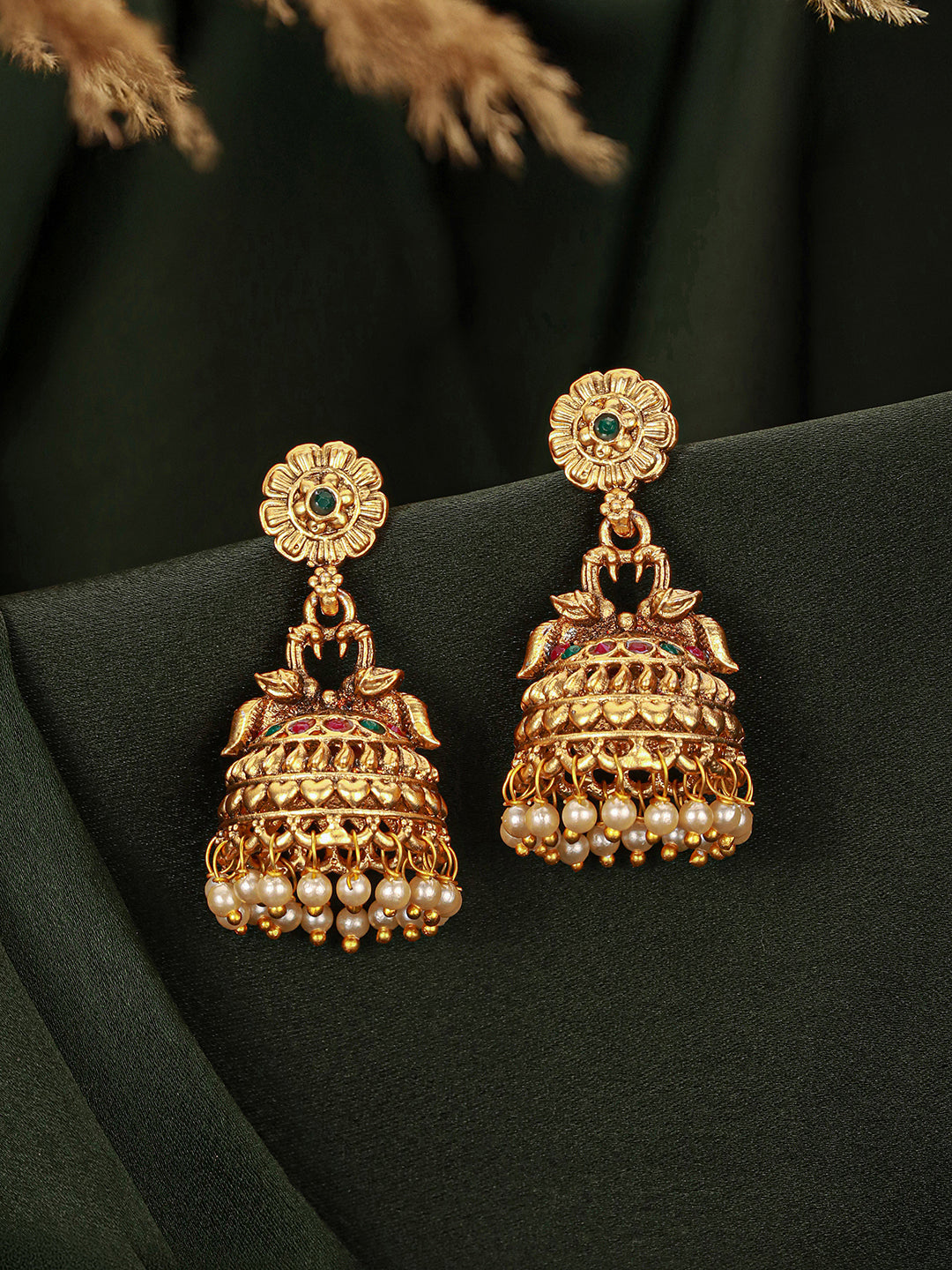 Gold Finish Green Kempo Studded Peacock Design Temple  Jhumka Earrings
