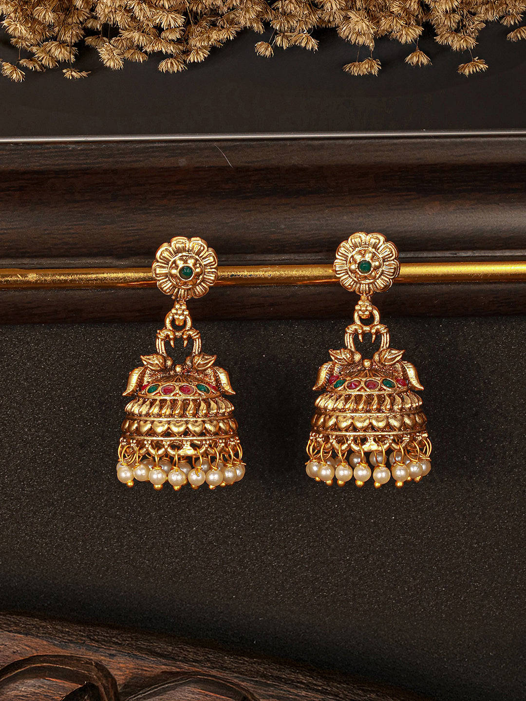 Gold Finish Green Kempo Studded Peacock Design Temple  Jhumka Earrings