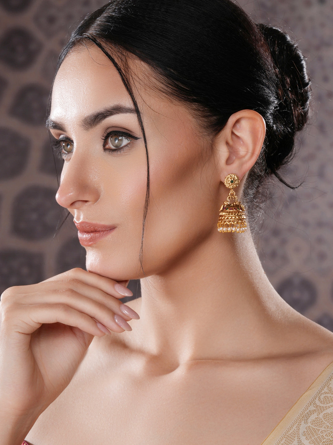 Gold Finish Green Kempo Studded Peacock Design Temple  Jhumka Earrings