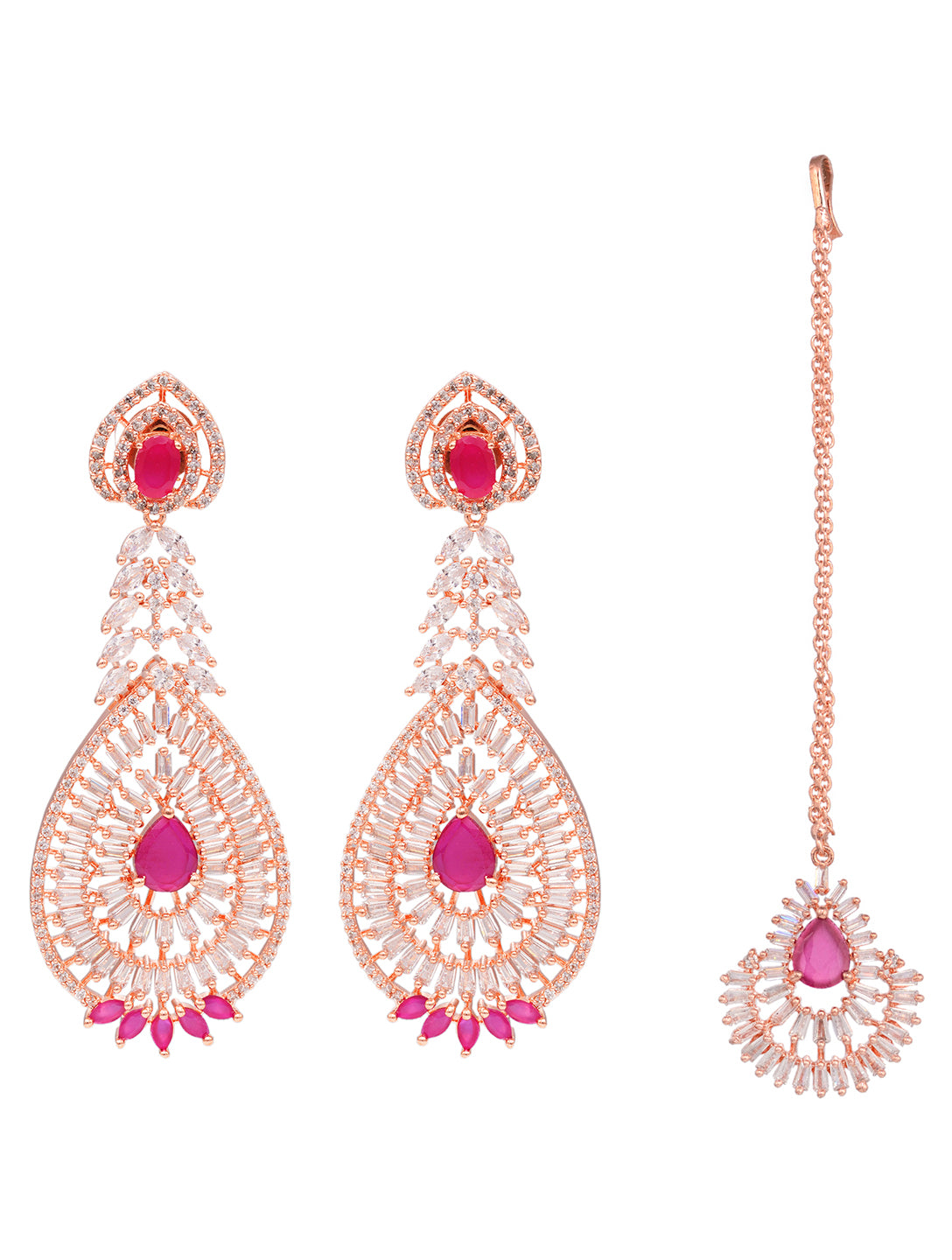 Rose Gold plated Red AD studded Leaf Design Mangtika & Earring set