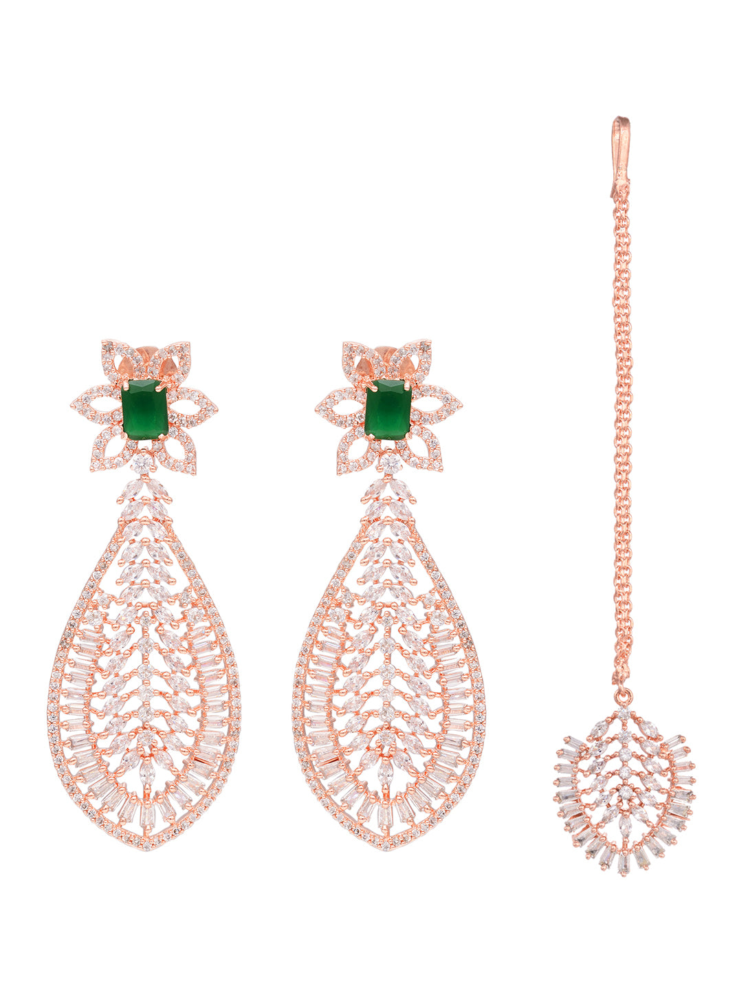 Rose Gold plated Green AD studded Leaf DesignMangtika & Earring set