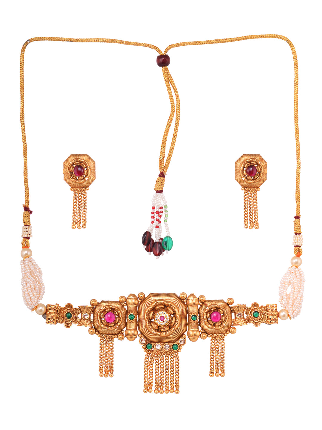 Women GoldPlated Red KempStudded Temple Jewellery Set