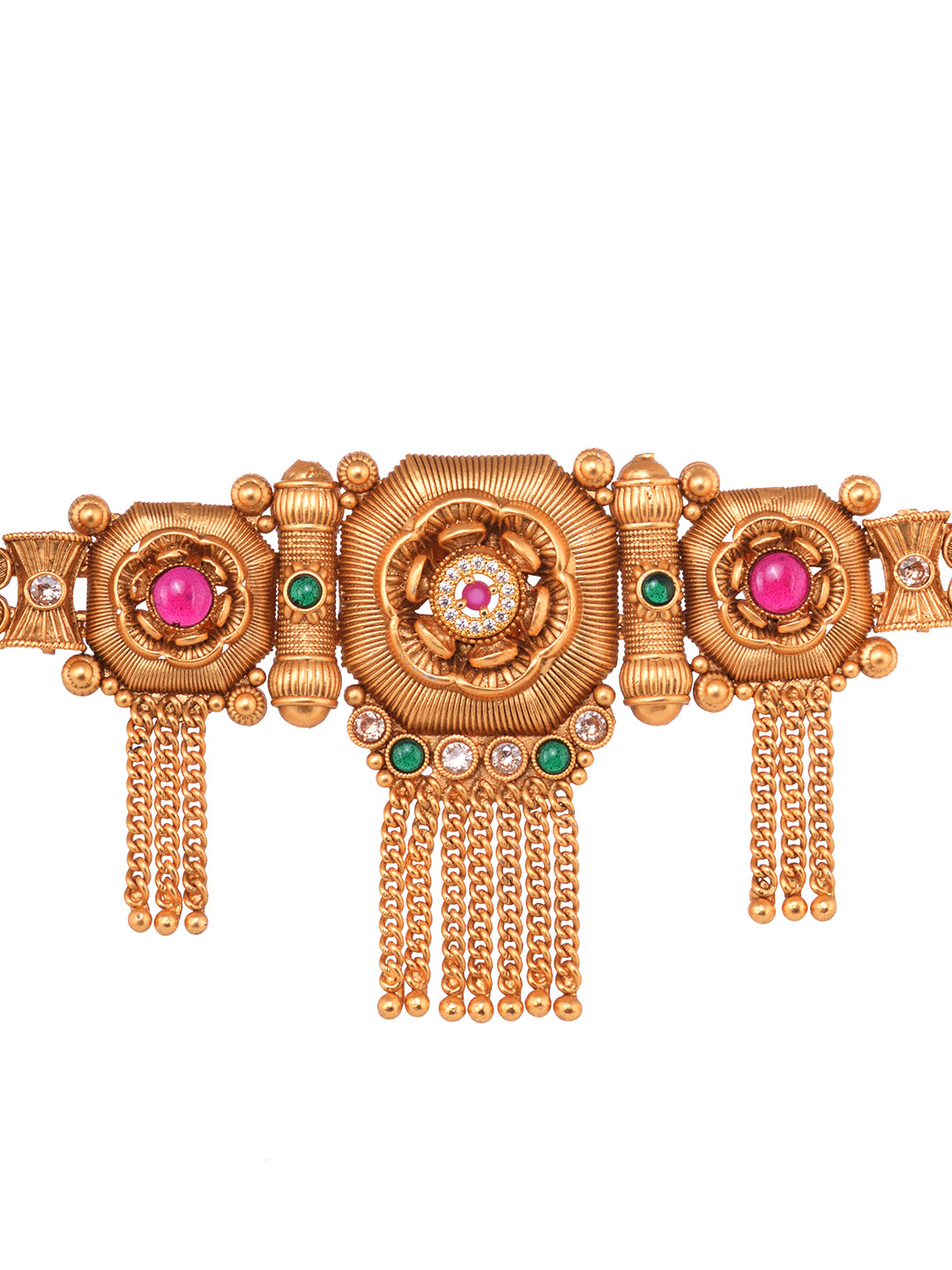 Women GoldPlated Red KempStudded Temple Jewellery Set