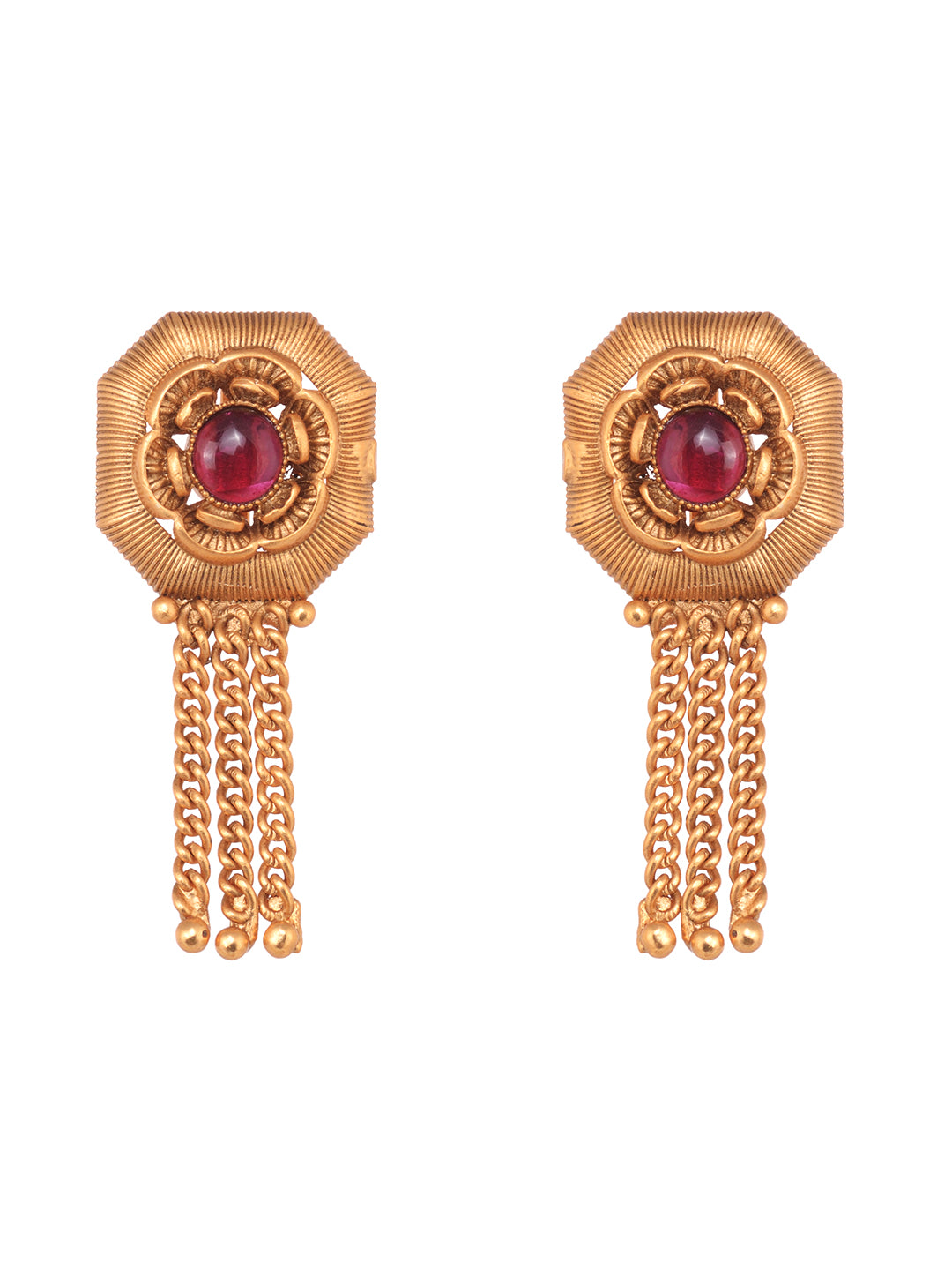 Women GoldPlated Red KempStudded Temple Jewellery Set