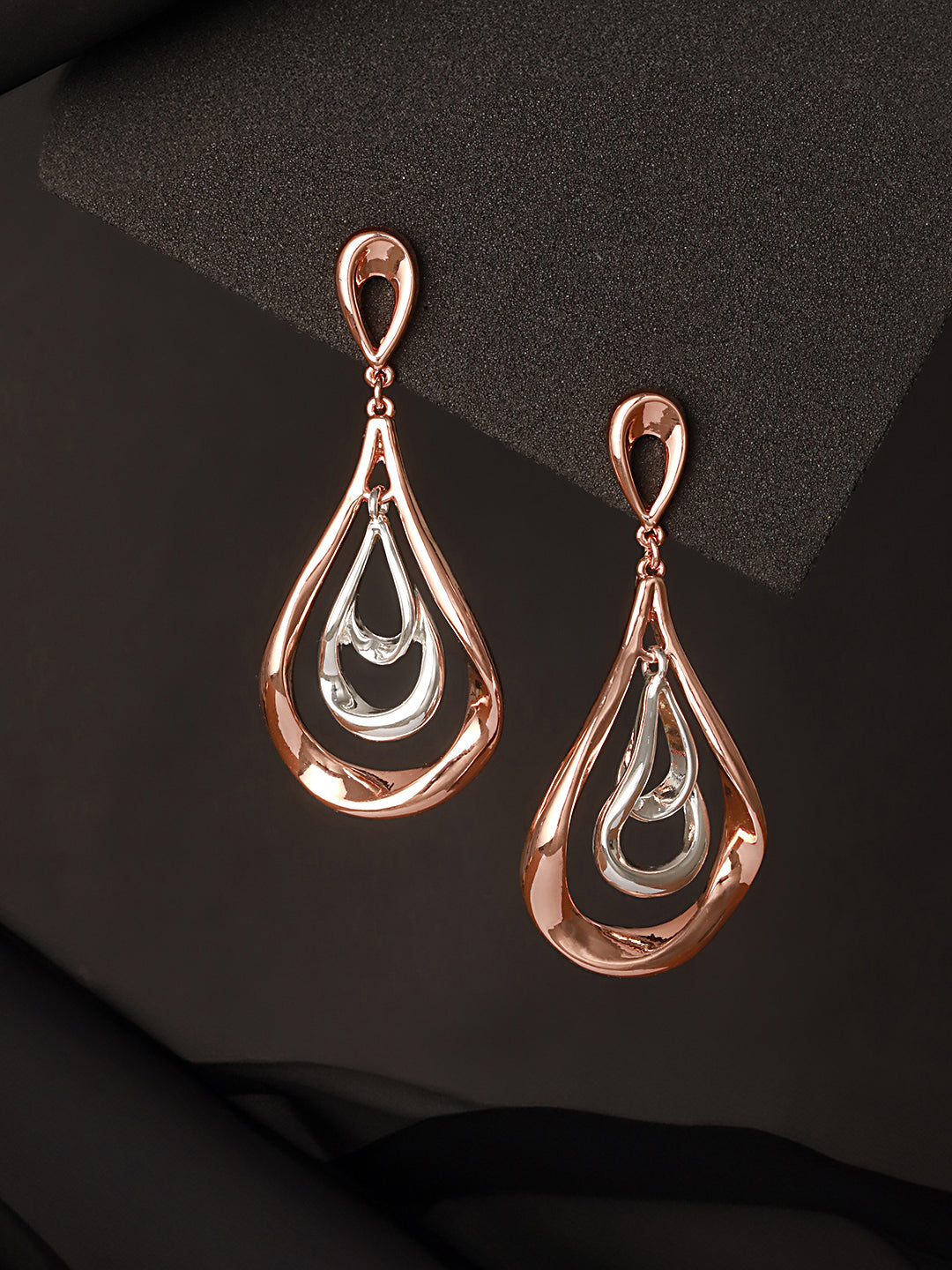 Anti-Tarnish Rose Gold Plated Pear Shaped Concentric Drop Earrings