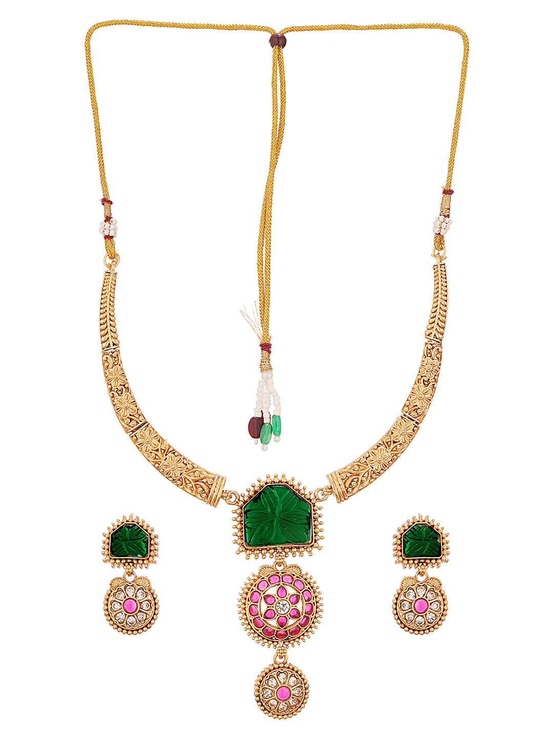 Traditional Gold Jewelry Set with Green and Red Stones