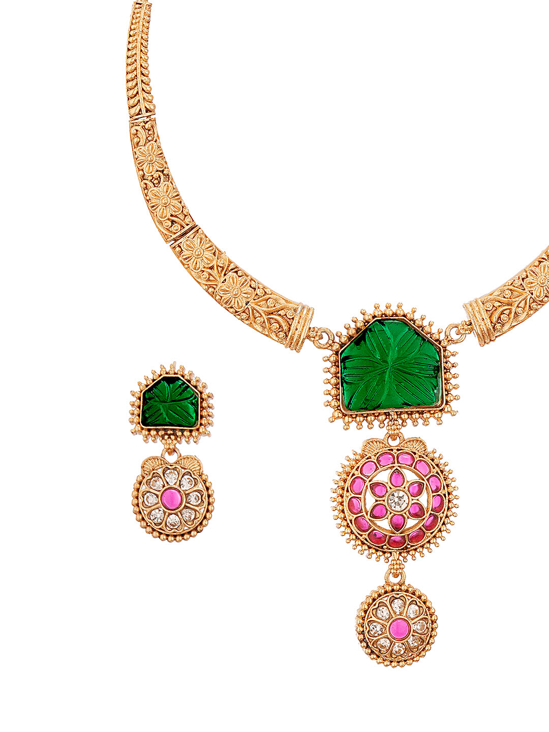Traditional Gold Jewelry Set with Green and Red Stones