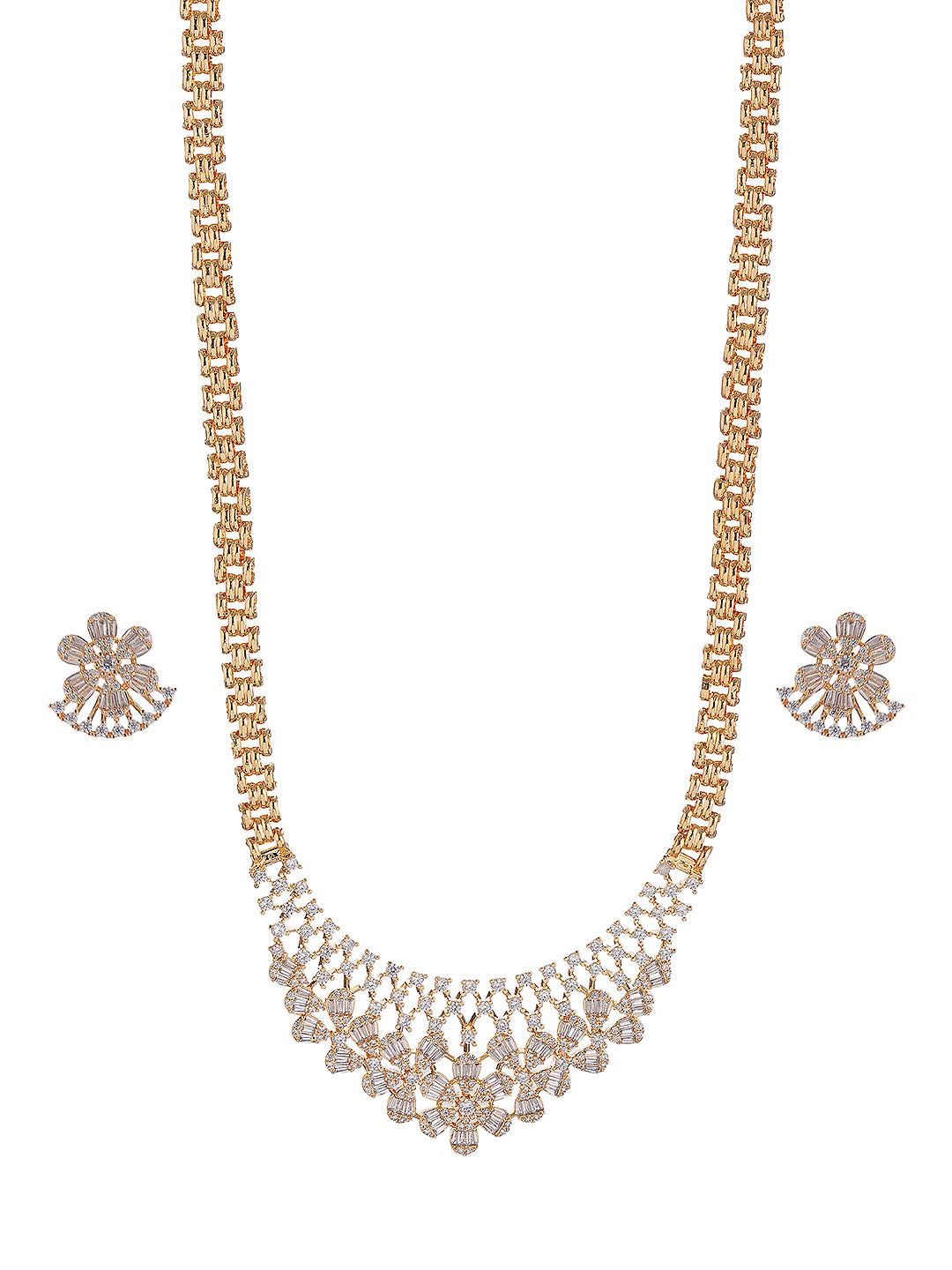 Gold Plated White AD Zircon Studded Long Haram Chain Jewellery Set