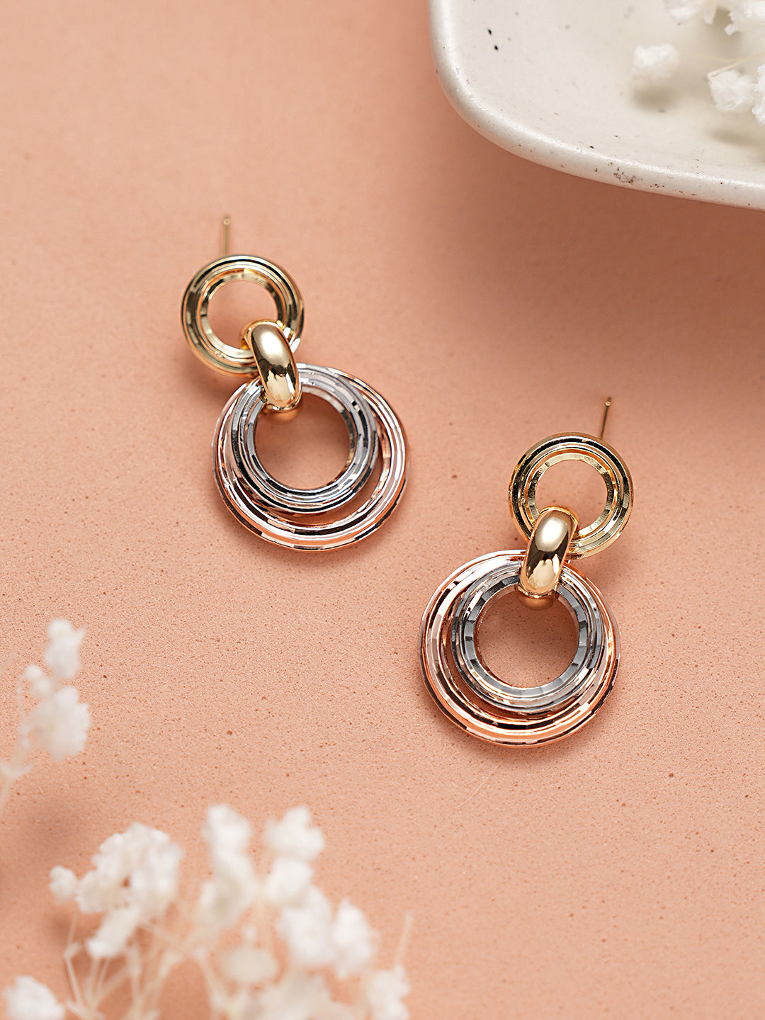 Anti-Tarnish Rose Gold 3 Toned Circular Hoops Drop Earrings