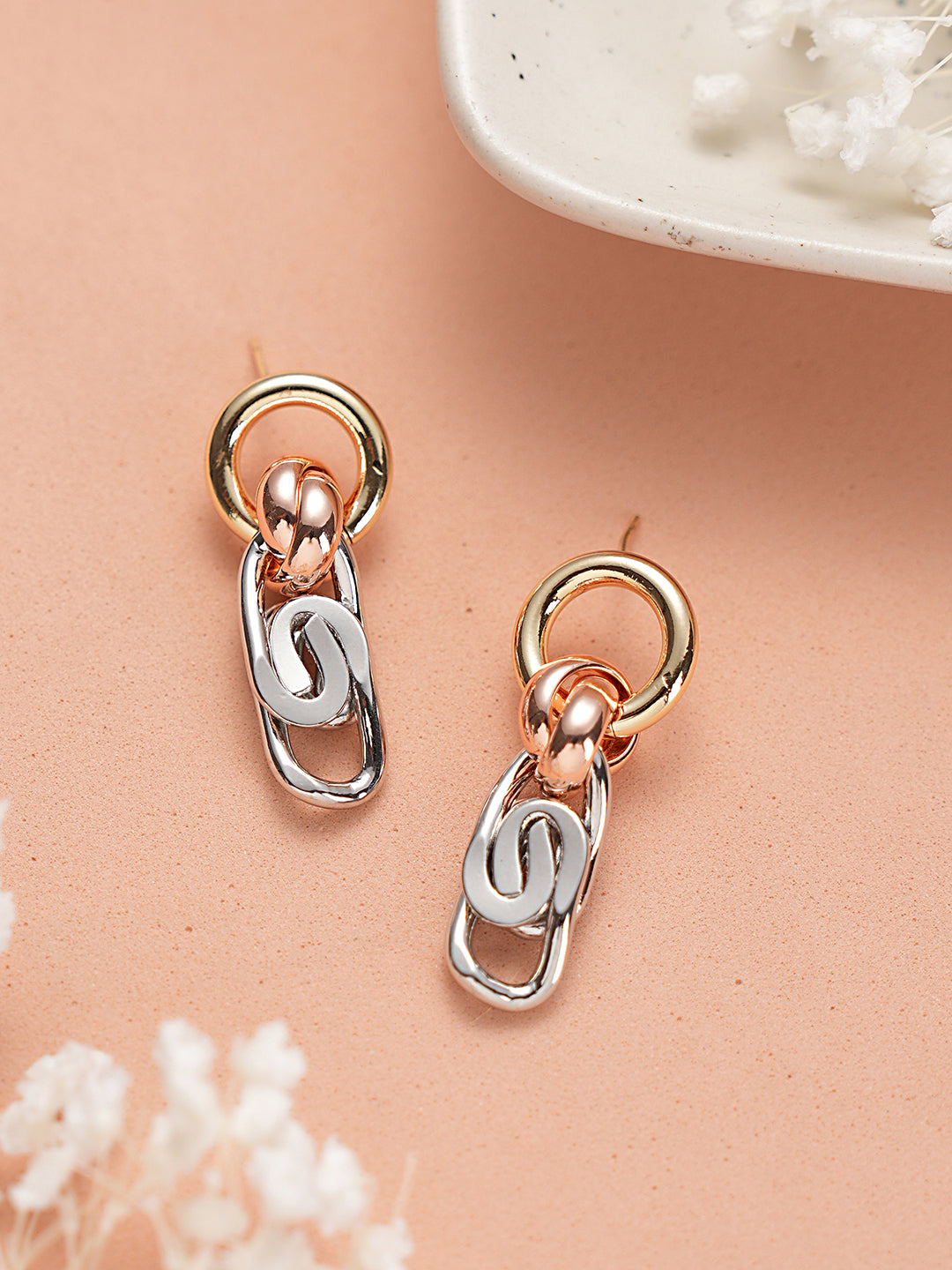 Anti-Tarnish 3 Toned Chain Dangle Handcrafted  Earrings