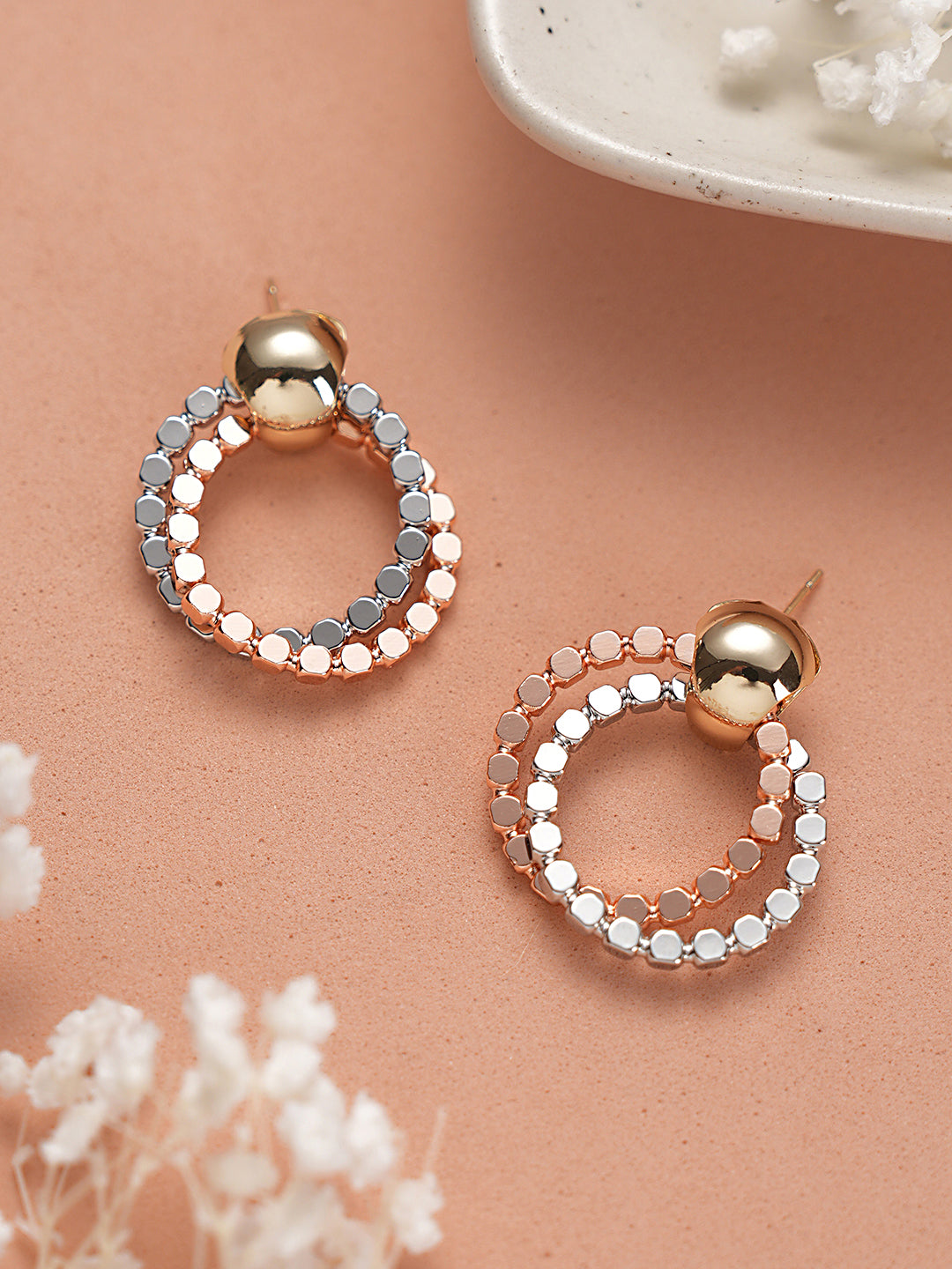 Anti-Tarnish Silver & Rose Plated Hammered Circular Hoop Earrings