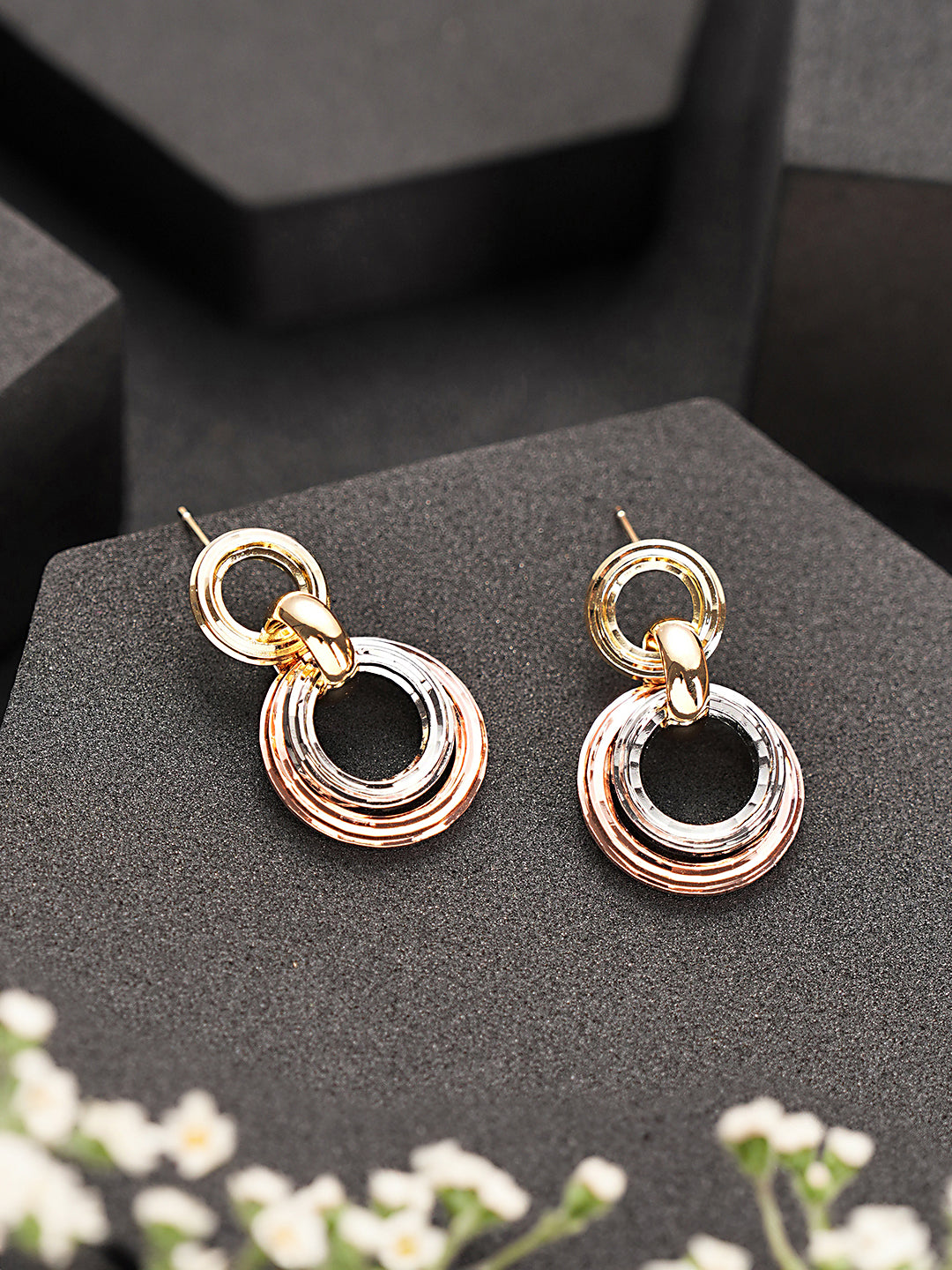 Anti-Tarnish Rose Gold 3 Toned Circular Hoops Drop Earrings