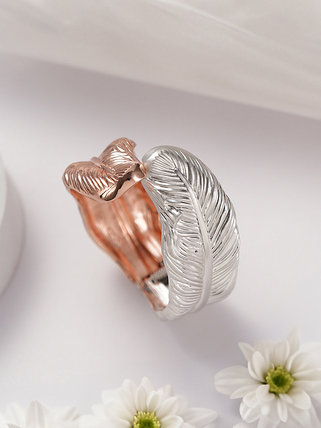 Anti-Tarnish Dual Tone Rose Gold Leaf Shaped Cuff Kada bracelet