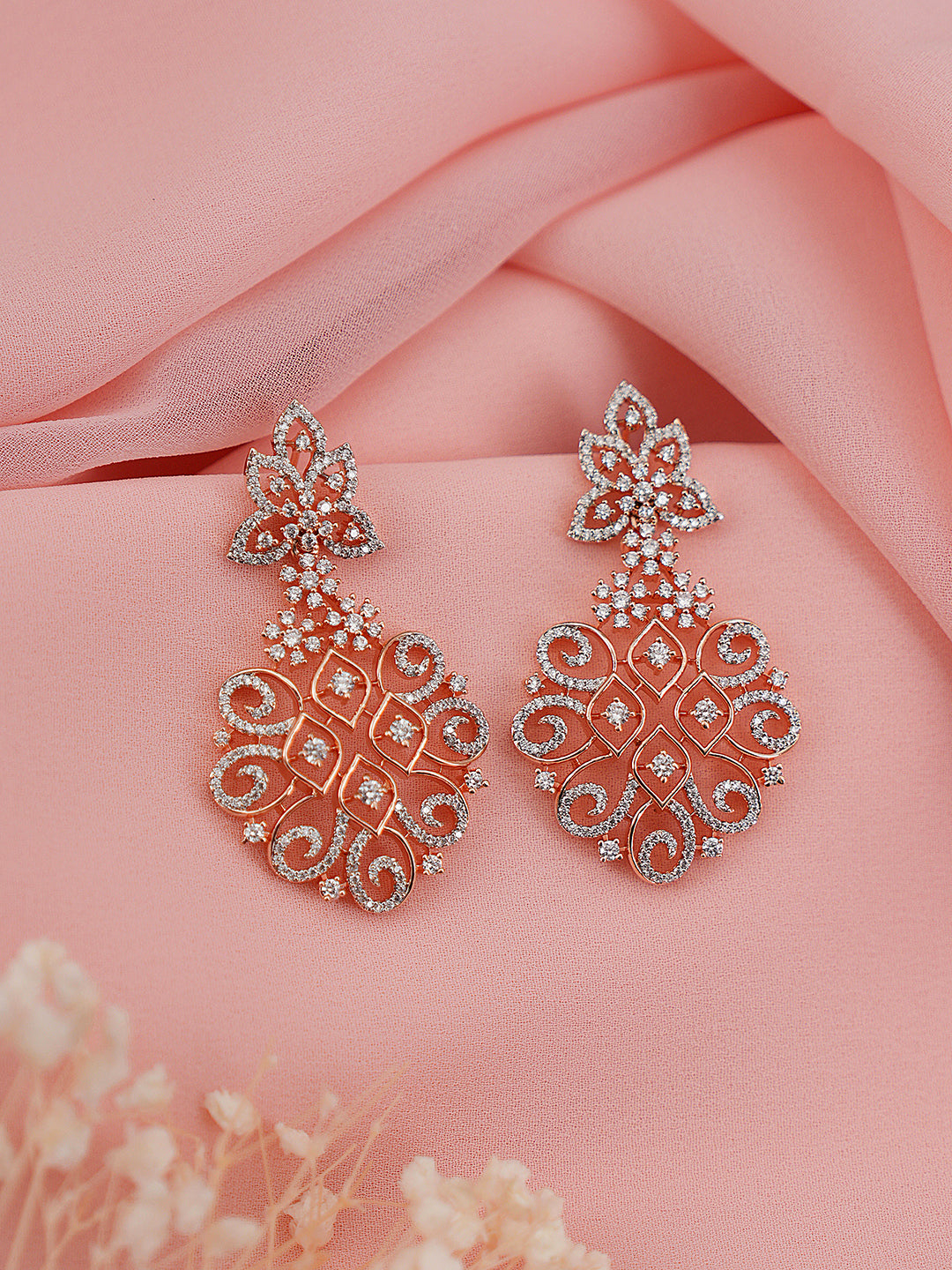 Rose Gold Plated AD Studded Luxe Chandelier Designer Earrings