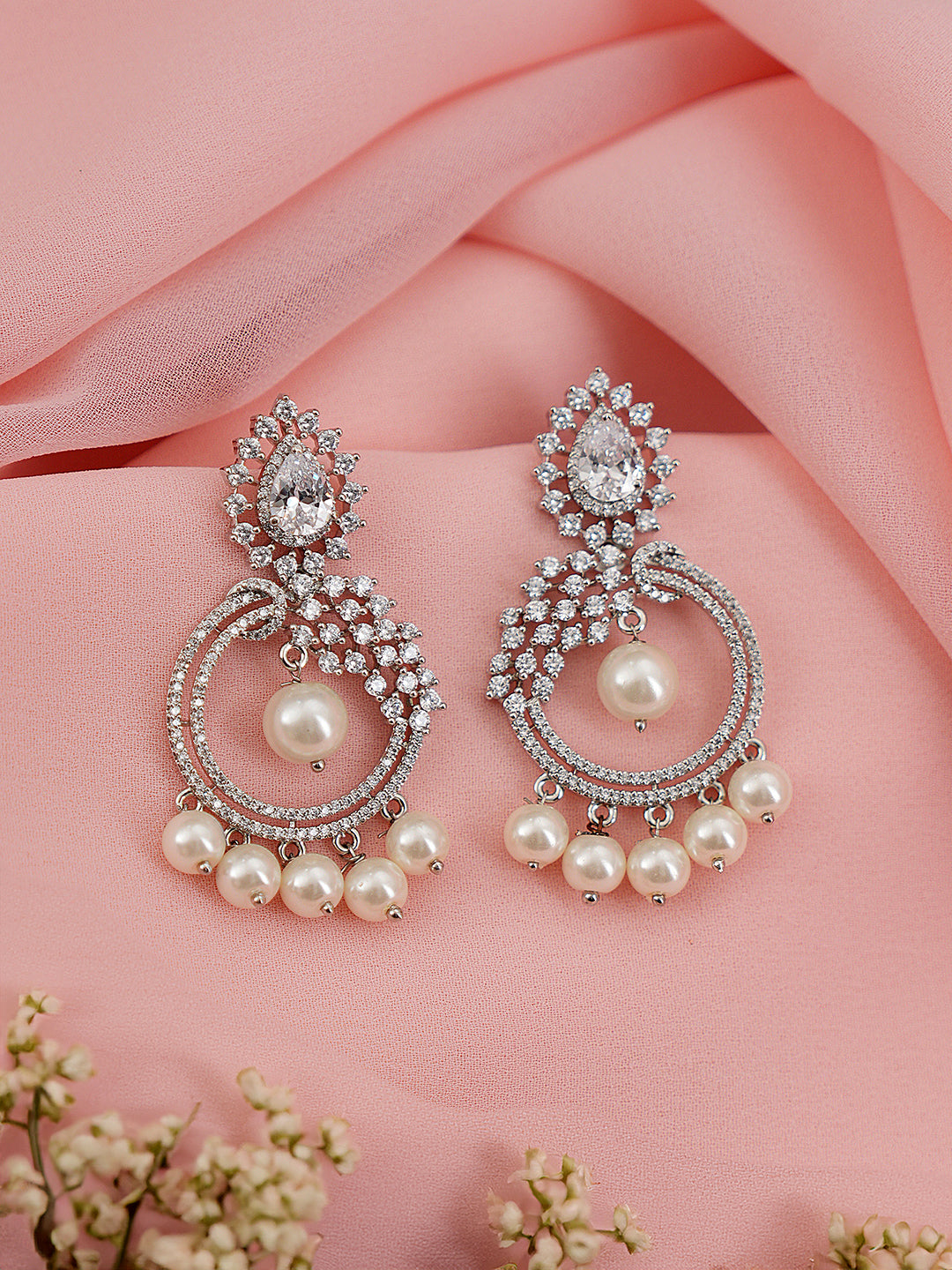 Silver Toned AD & Faux Pearl Studded Designer Chandelier Chandbali Dropdown Earrings