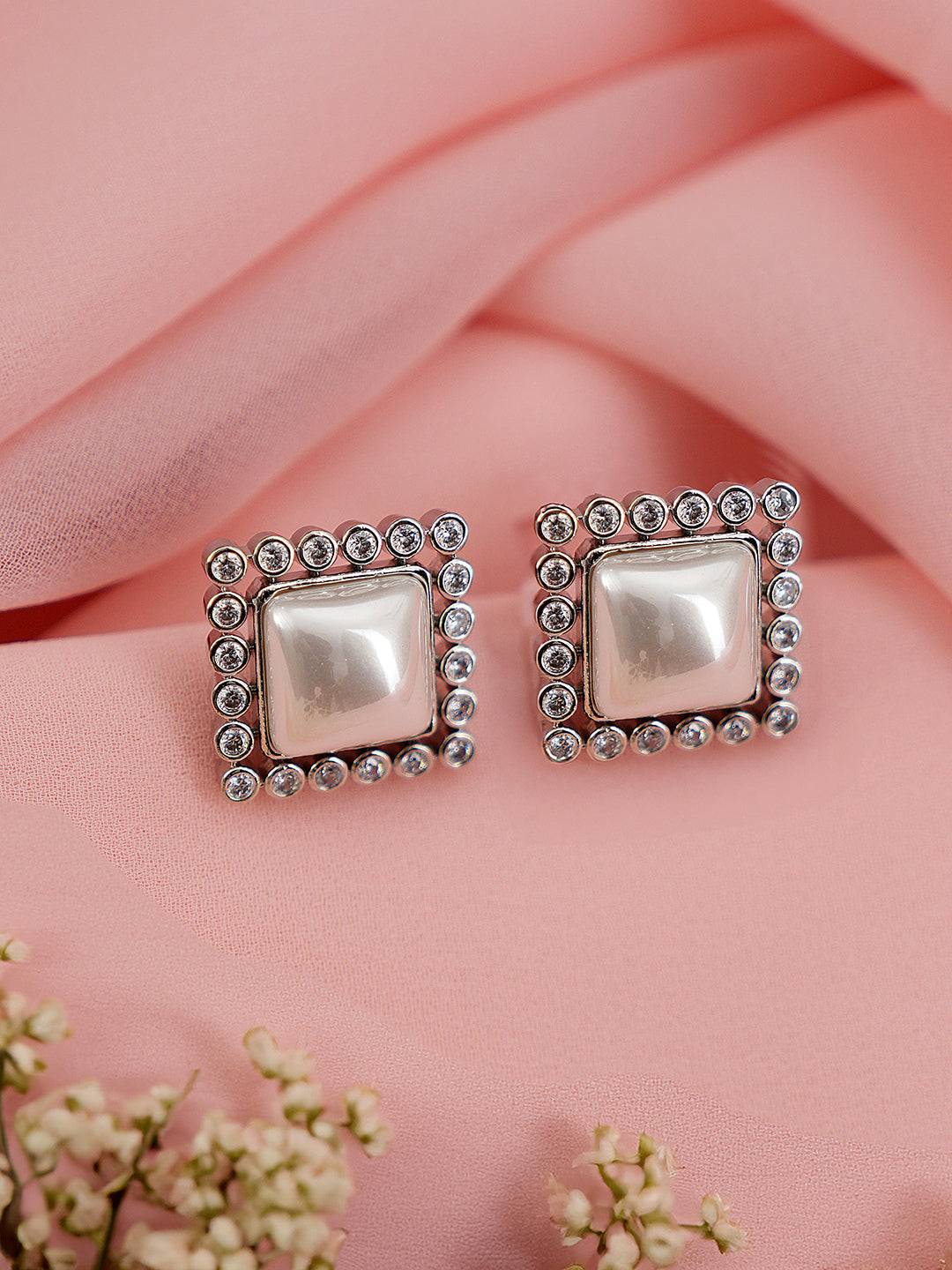 Silver Plated Faux Pearl Studded Square Statement Studds Earrings