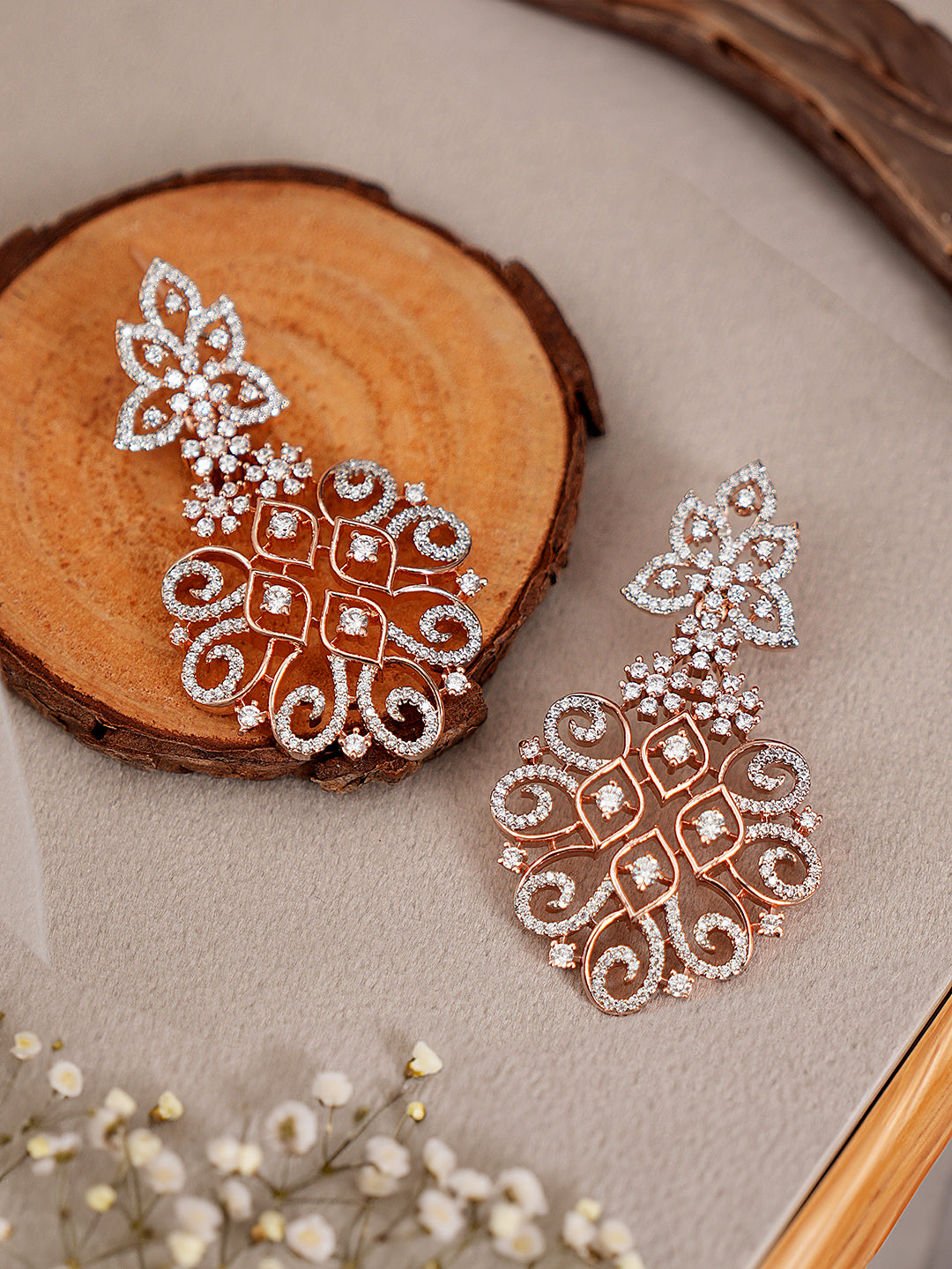 Rose Gold Plated AD Studded Luxe Chandelier Designer Earrings