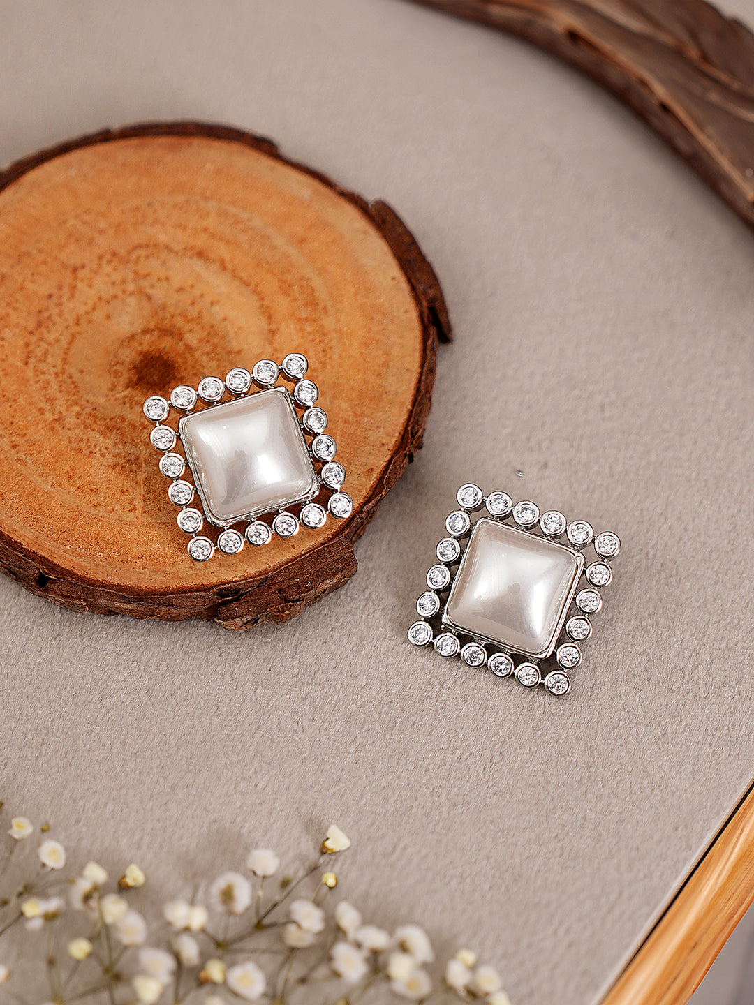 Silver Plated Faux Pearl Studded Square Statement Studds Earrings