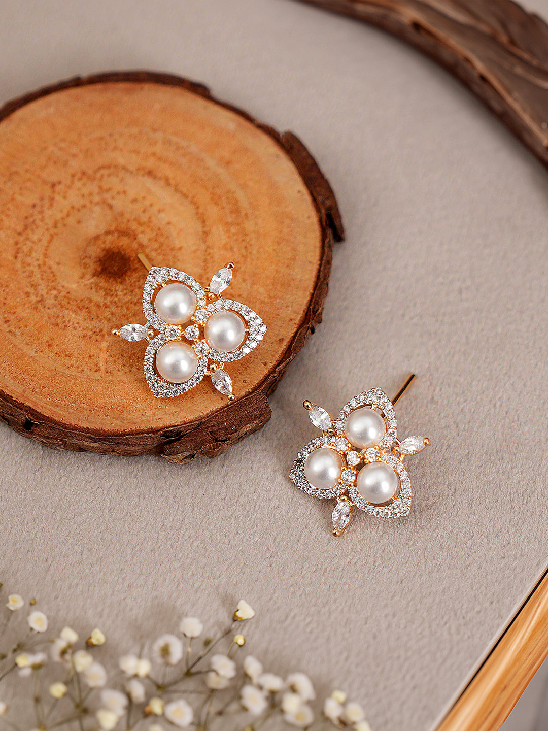 Dual Gold Toned AD  & Pearl Studded Flower Delicate Studds Earrings
