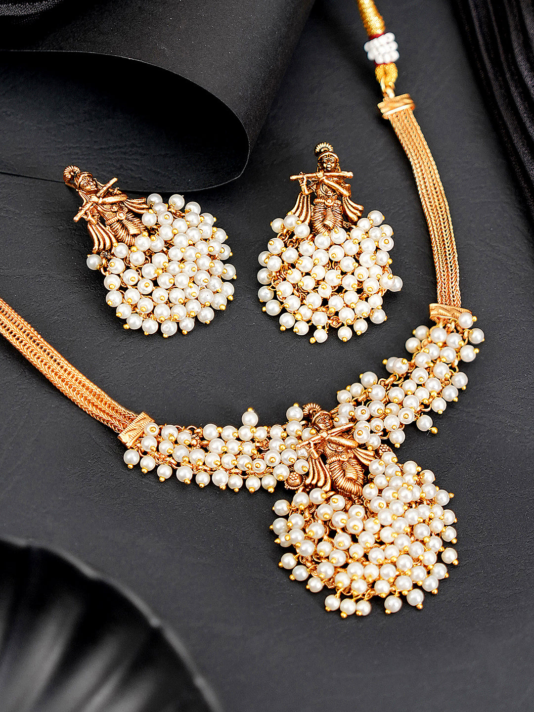 Gold Plated Pearl Beaded Shri Krishna Motif Designer Jewellery Set