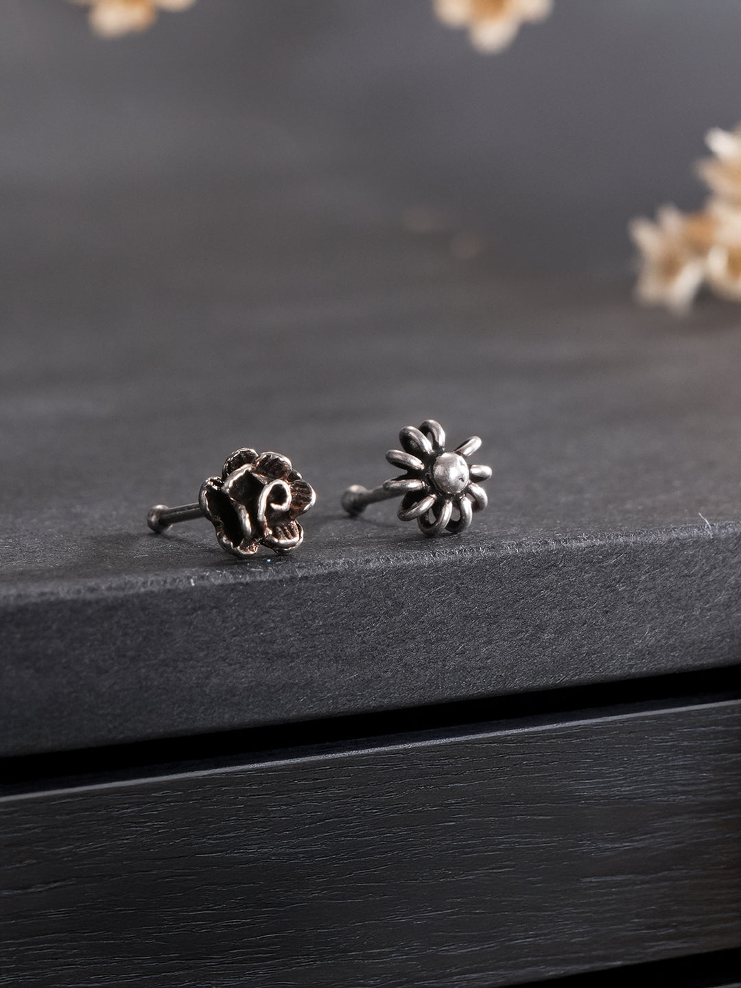Combo of 2 Nose Pin 925 Sterling Silver Oxidised Rose & Flower Studds Nose Pin