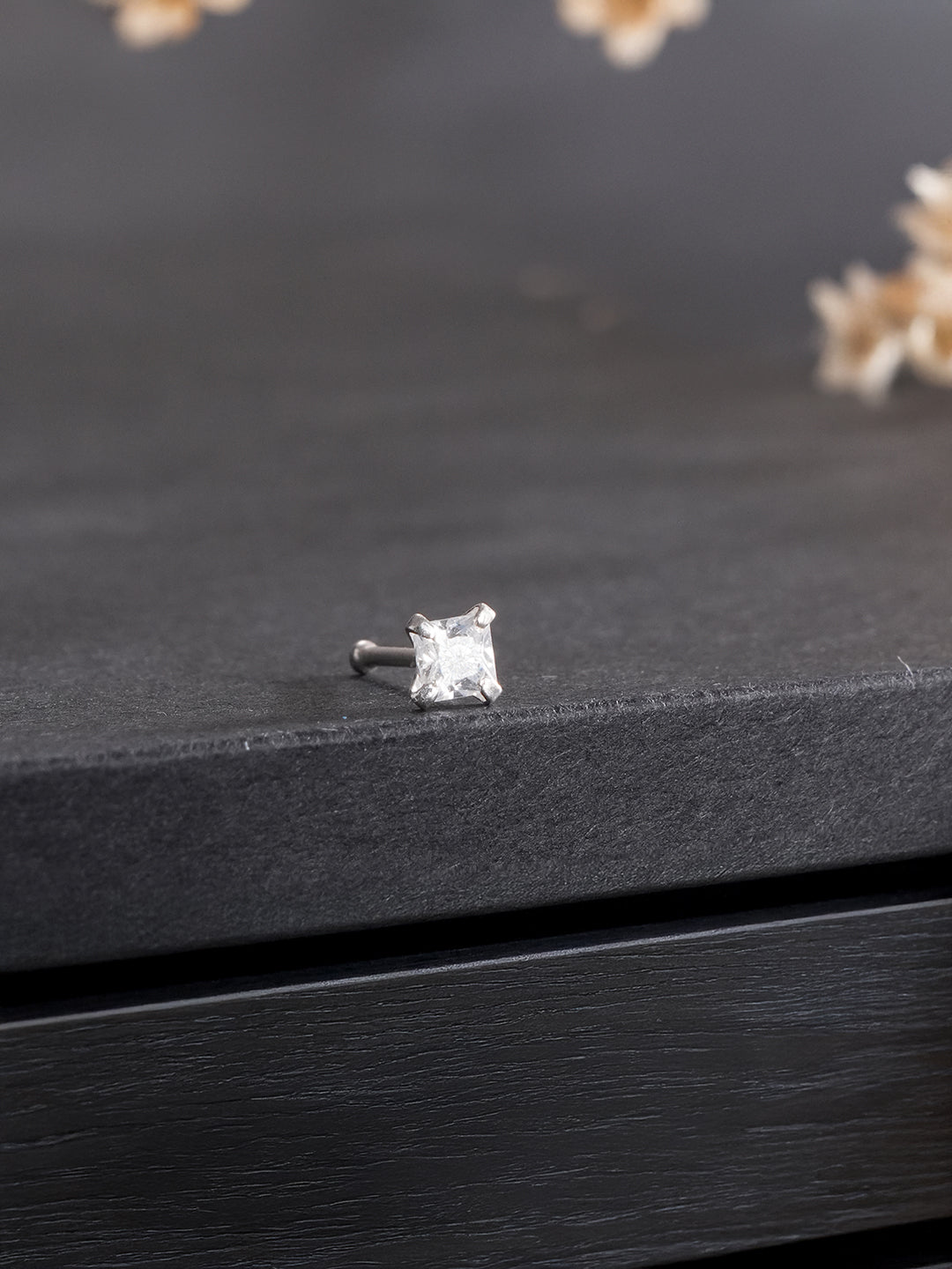 925 Sterling Silver Princess Cut AD Solitaire Single Studds Shiny Nose Pin