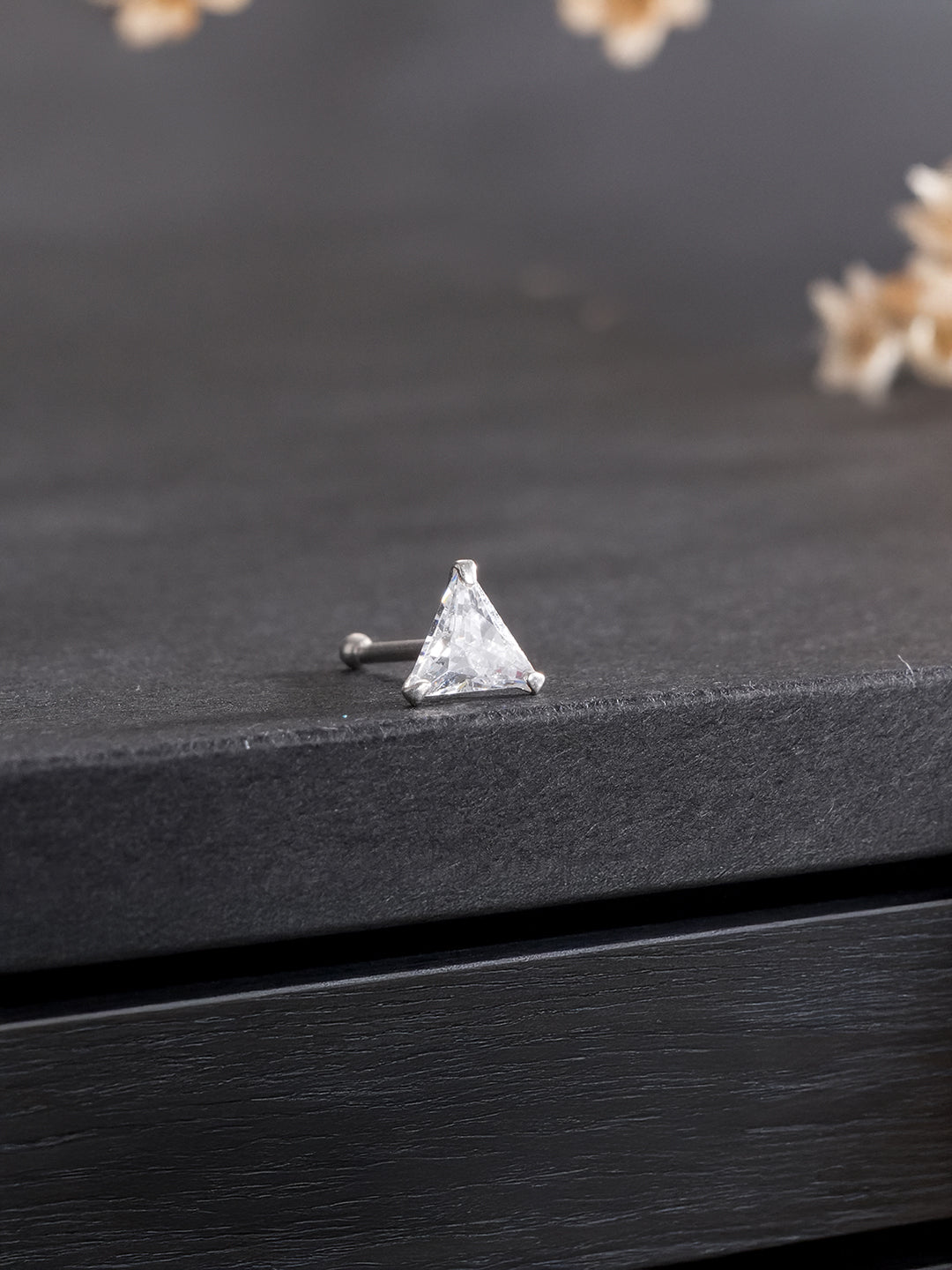 925 Sterling Silver Triangle Shaped AD Embellished Solitaire Shiny Nose Pin