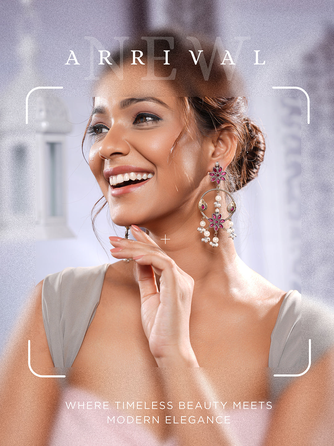 Antique Gold-Toned Pink Stones With Pearl Drop  Floral Hoop Contemporary  Earrings