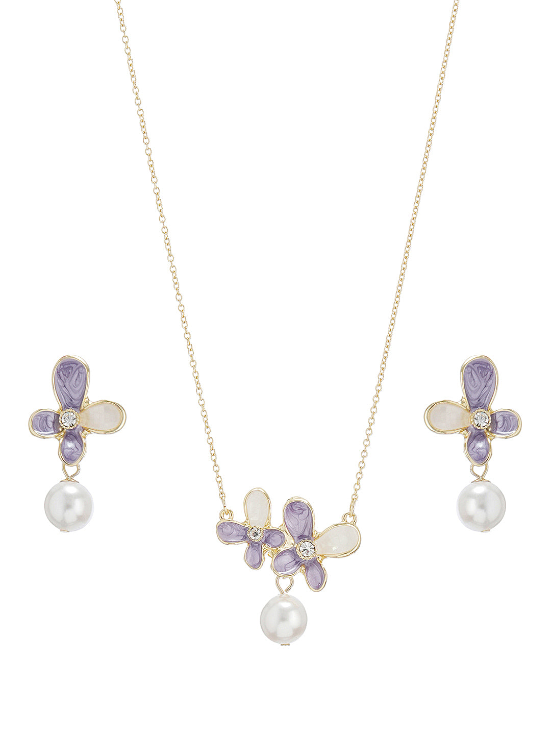 Floral Butterfly Pearl Pendant Necklace & Earrings Set