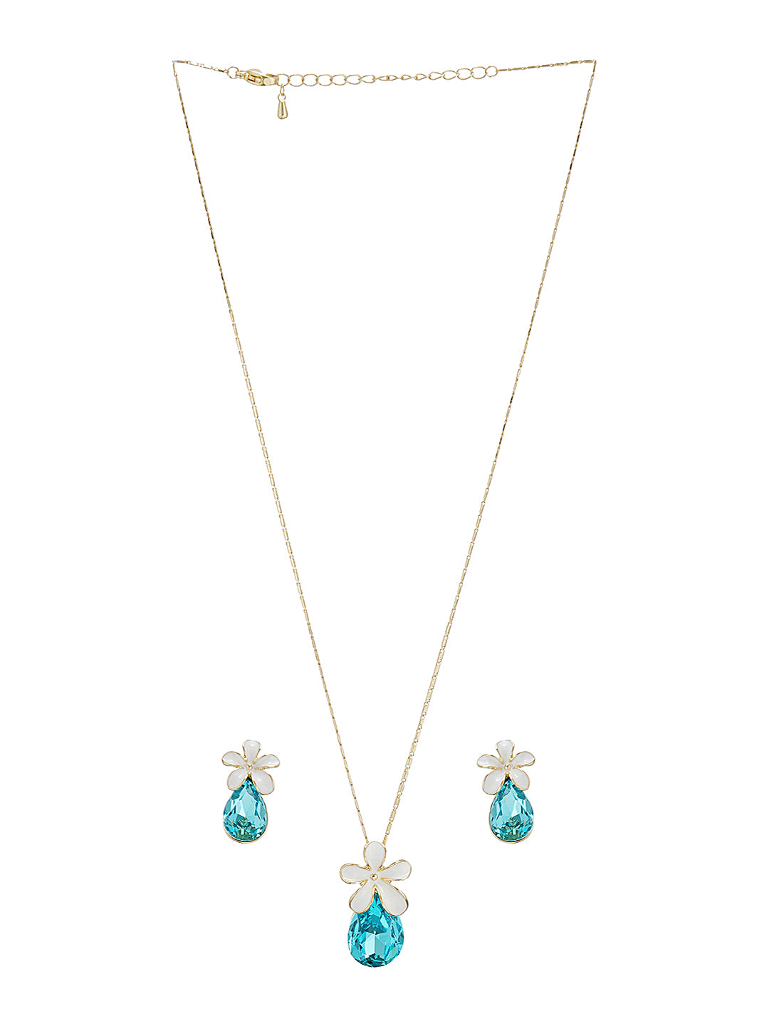 Floral White Enamel & Blue Teardrop Pendant Necklace & Earrings Set