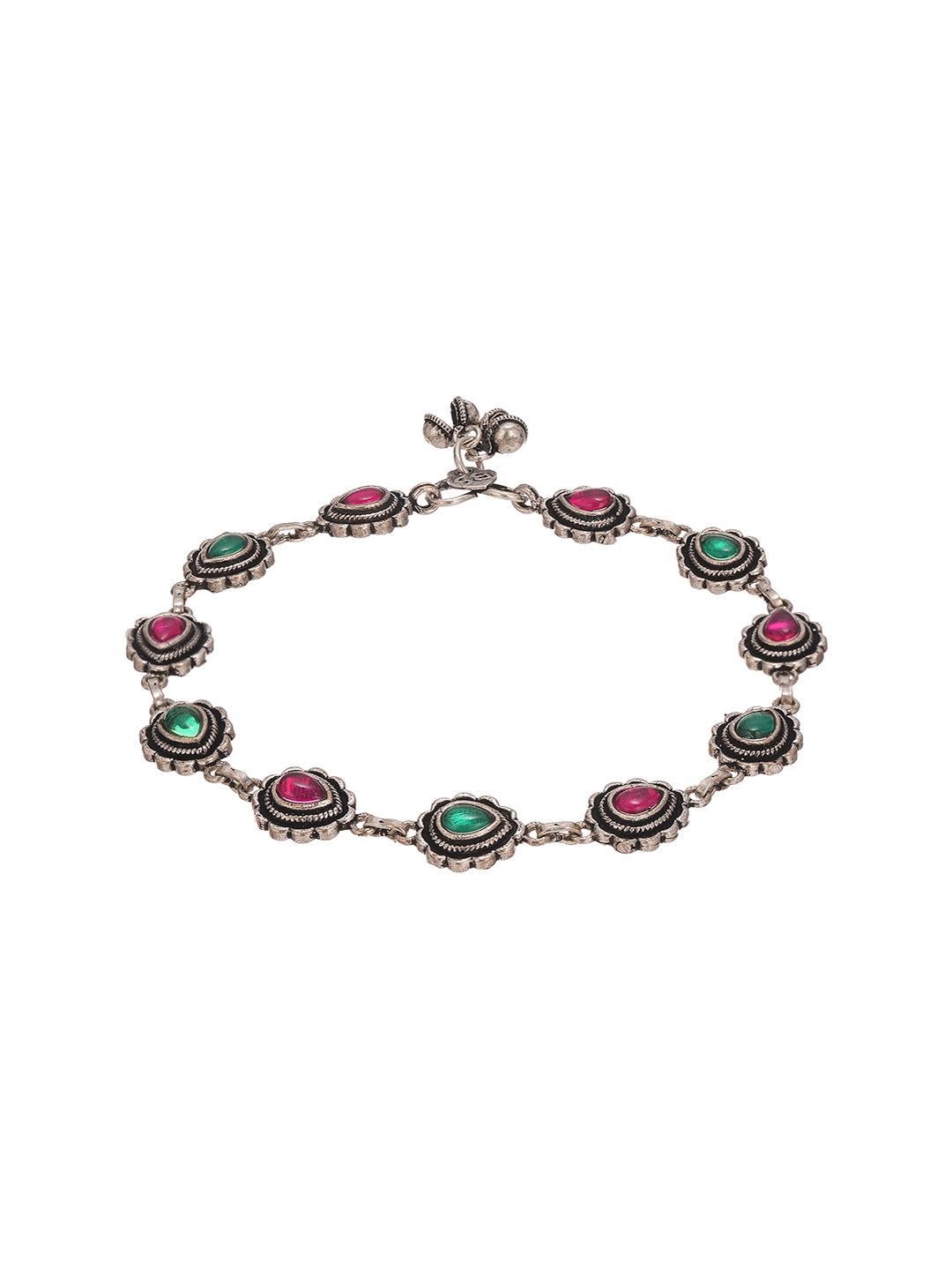 Set of 2 Silver Oxidised Ruby Red & Green  Stone Studded  Minimal  Bridal Dailywear Anklet Payal
