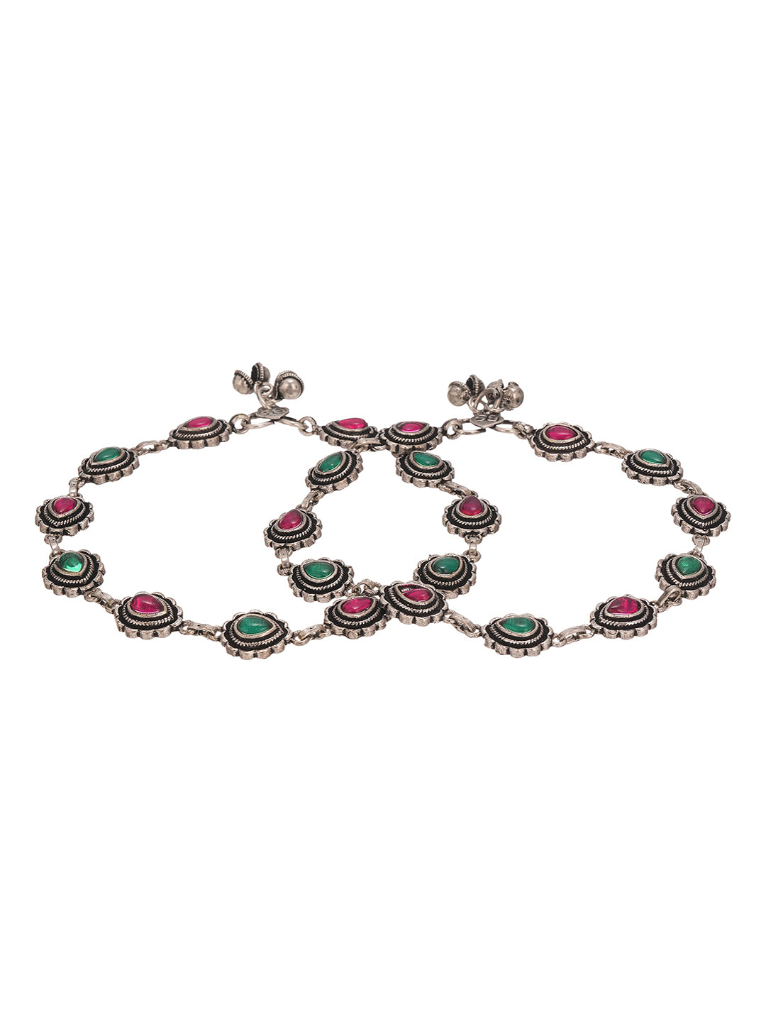 Set of 2 Silver Oxidised Ruby Red & Green  Stone Studded  Minimal  Bridal Dailywear Anklet Payal