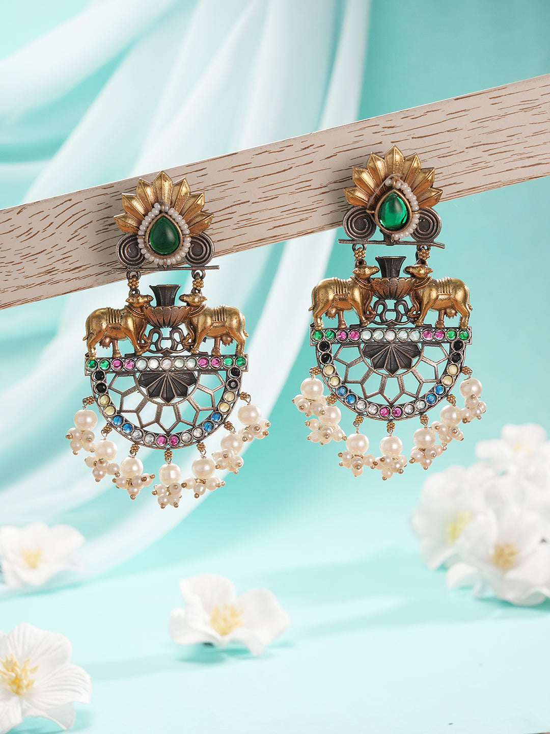 Antique Gold Oxidised Emerald Green Stone & Pearl Beaded Nandi Motif  Tribal Contemporary Chandbali Dangler Earrings