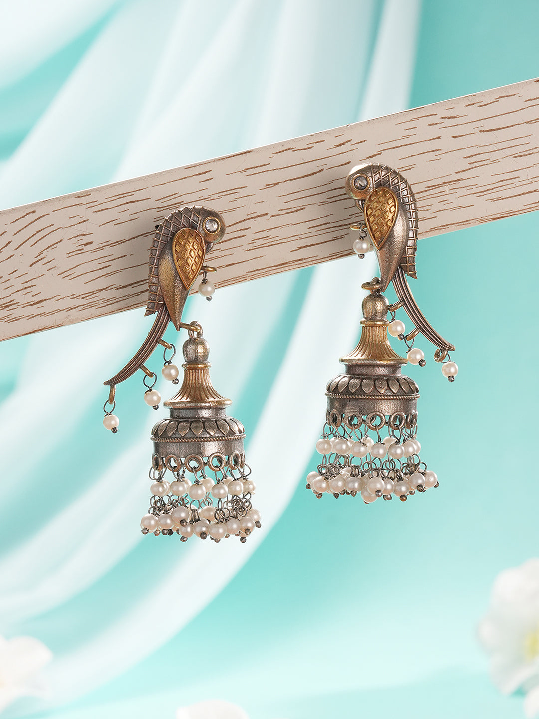 Antique Gold-Toned Parrot Motif Pearl Beaded Handcrafted  Jhumka Earrings