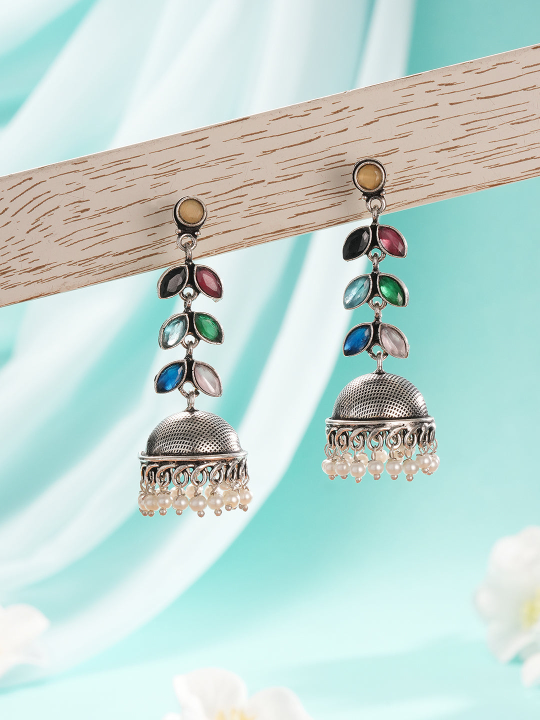 Oxidised Silver Toned Multicolored Handcrafted  Leaf Design Dangler Minimal Jhumka  Earrings