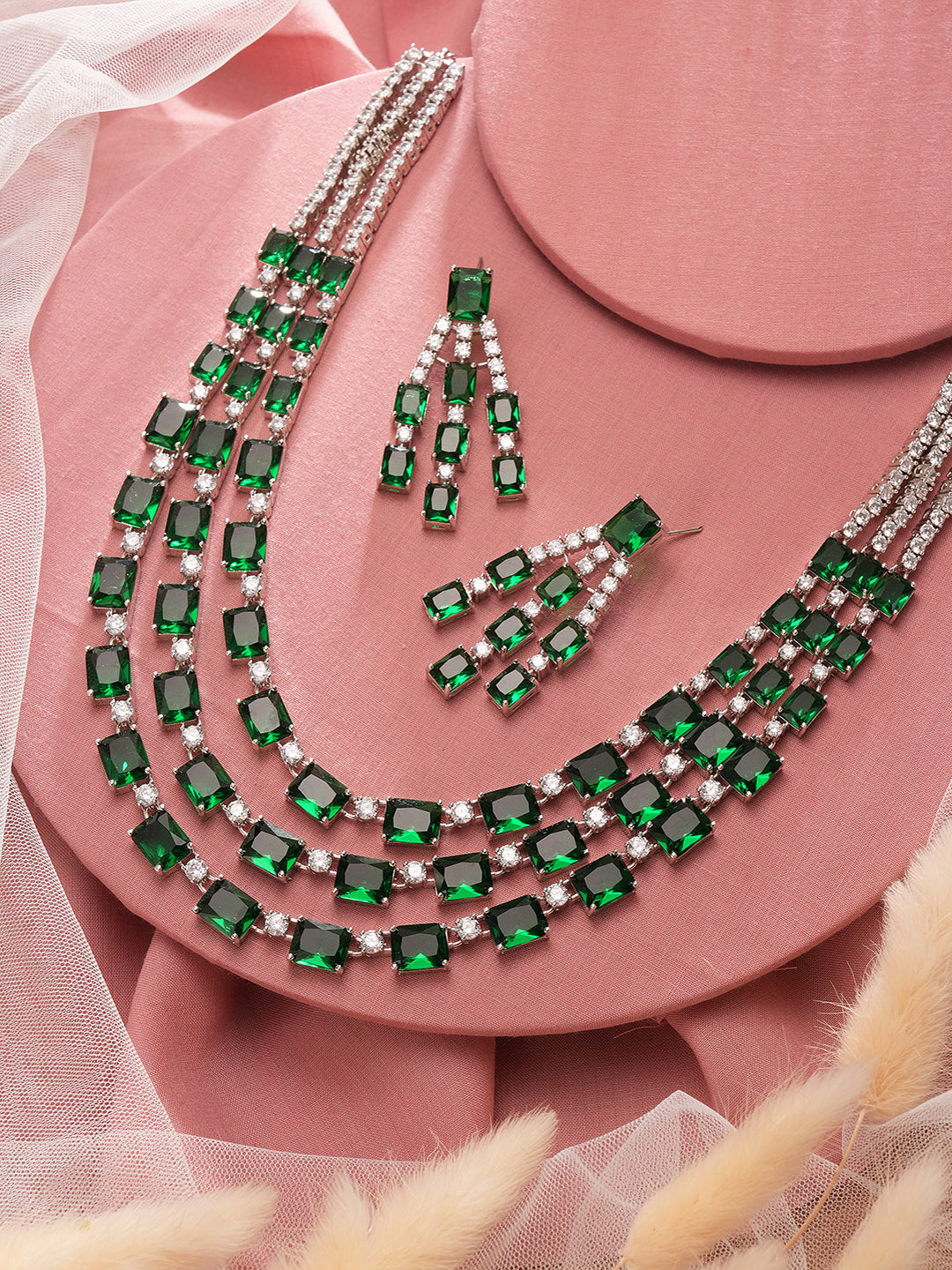 Silver Plated Emerald Green  AD Studded Layered Statement Necklace Jewellery Set