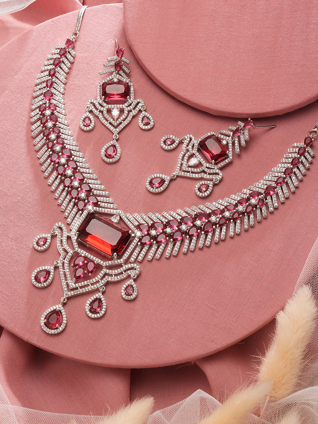 Silver Plated Ruby  Red  AD Studded  Statement Royal  Necklace Jewellery Set