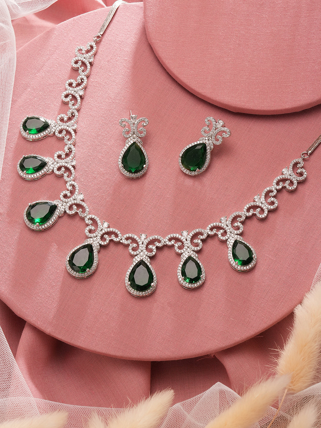 Silver Plated Emerald Green  AD Studded Floral Statement Necklace Jewellery Set