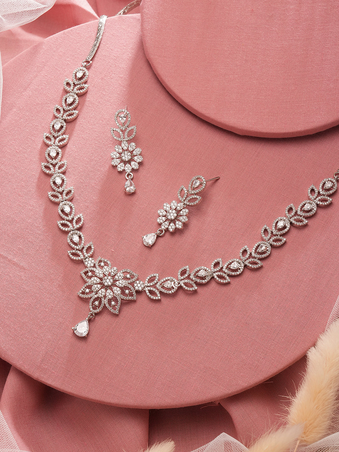 White Rhodium AD Studded Floral Design Statement Pendant Neckalce jewellery Set