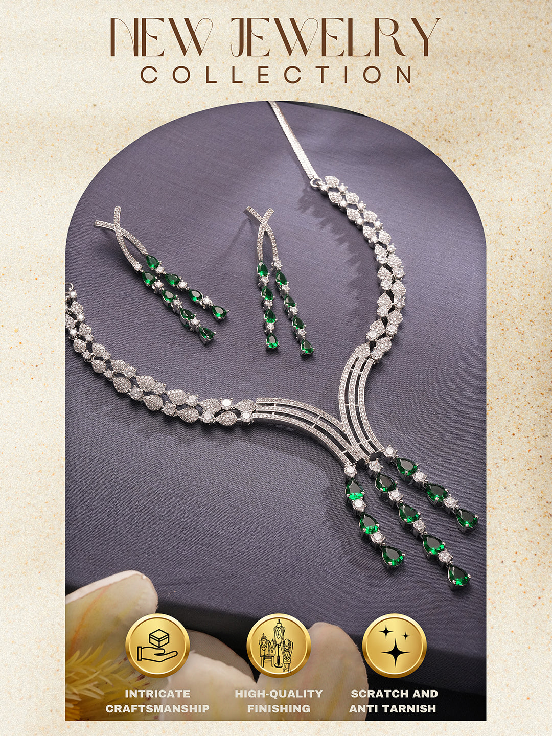 Silver Toned Emerald Green Zircon AD Studded Layered  Bridal Drop Designer Statement Necklace Jewellery Set