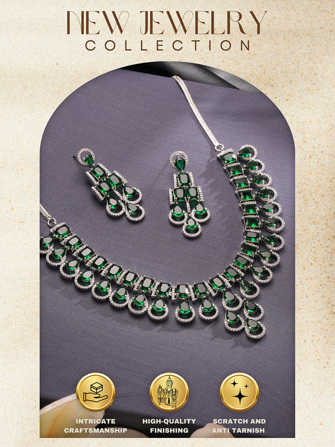 Silver Toned Emerald Green Zircon AD Studded Layered Drop Designer Statement Necklace Jewellery Set