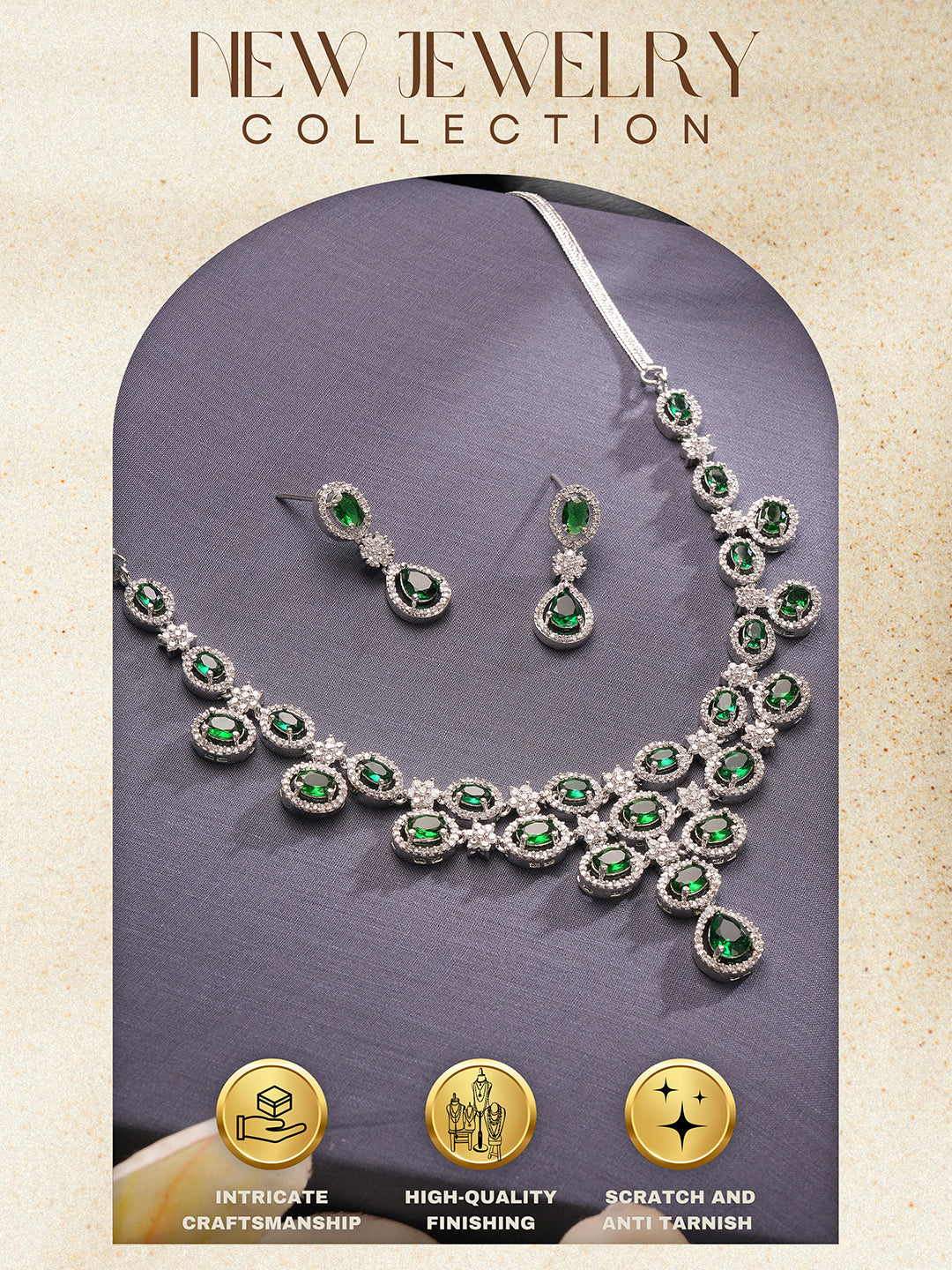 Silver Toned Emerald Green Zircon AD Studded Layered Bridesmaid Statement Jewellery Set