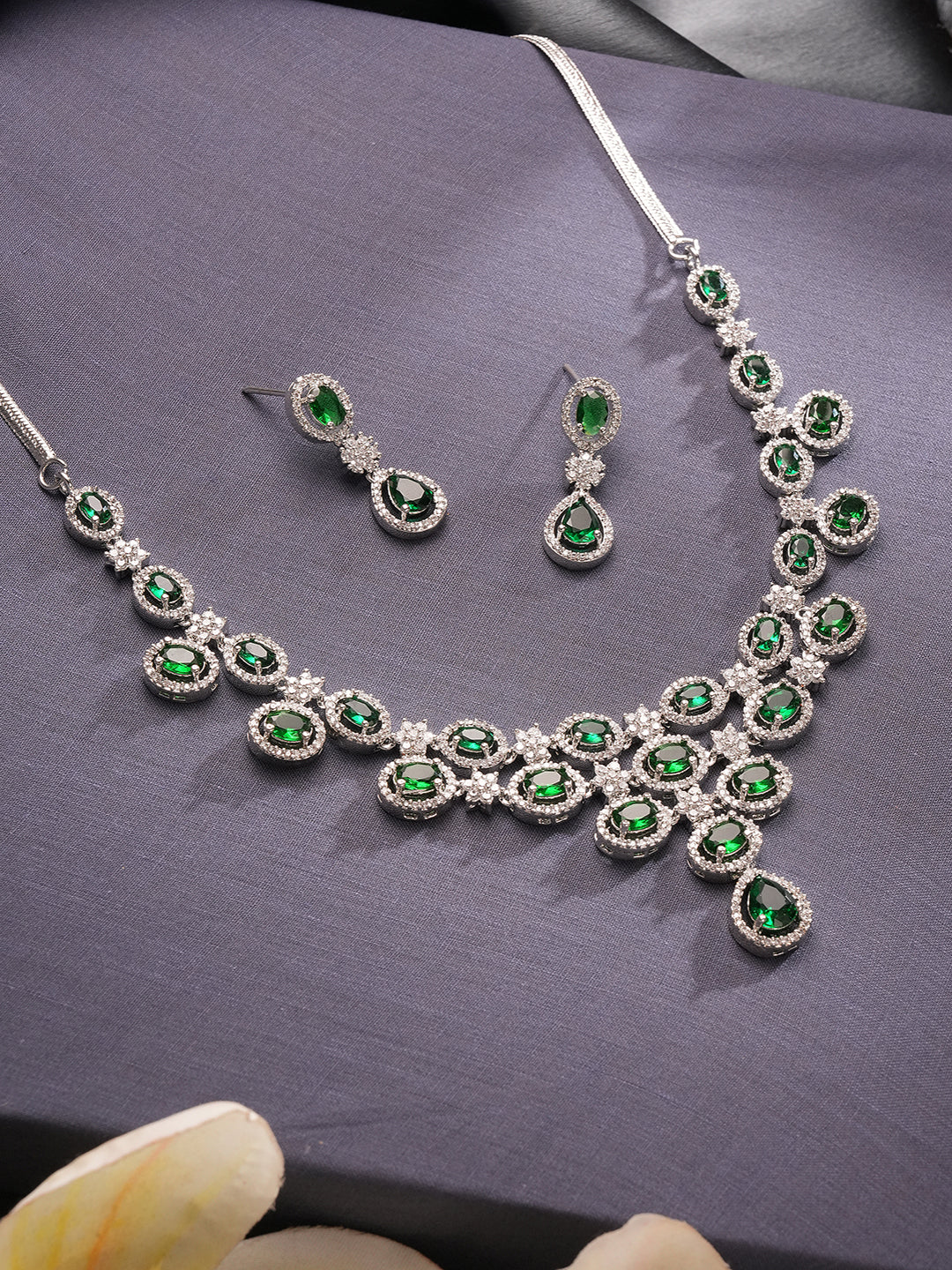 Silver Toned Emerald Green Zircon AD Studded Layered Bridesmaid Statement Jewellery Set