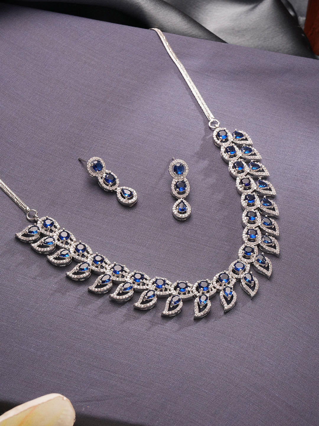 Silver Toned Zircon Emerald Blue AD Studded Mango Statement Necklace Jewellery Set