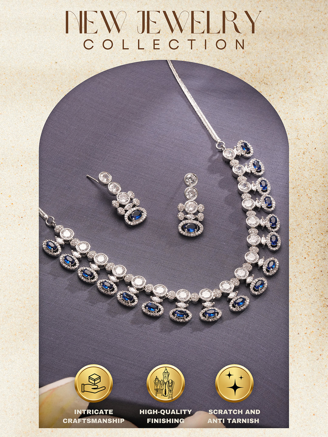 Silver Toned Sapphire Blue AD Studded Statement Delicate Necklace Jewellery Set