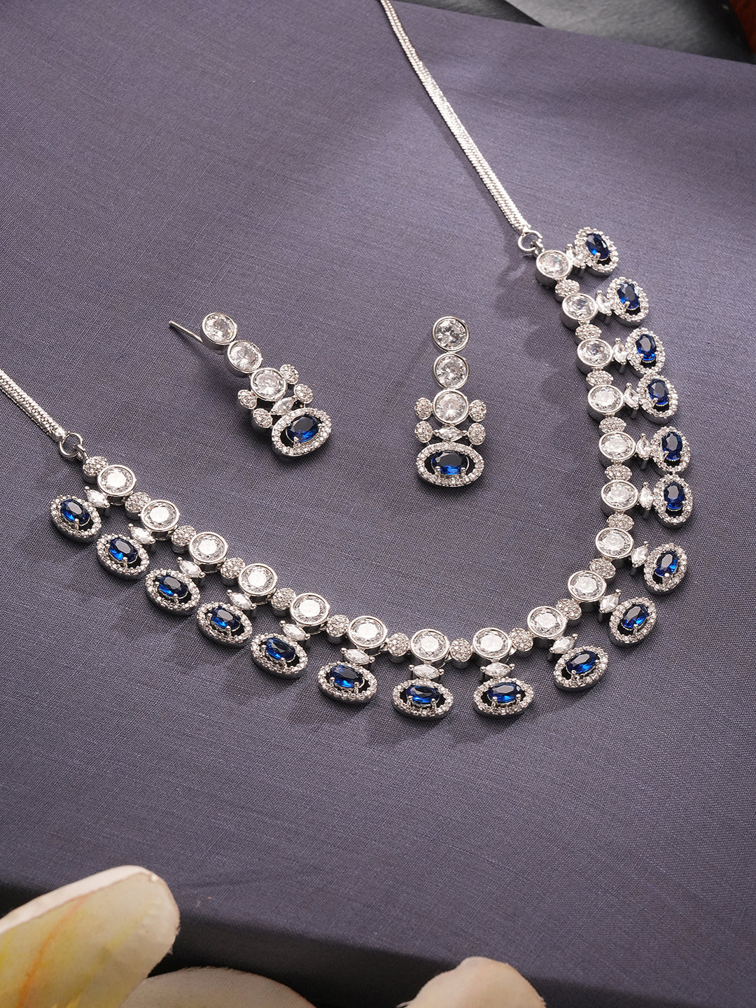 Silver Toned Sapphire Blue AD Studded Statement Delicate Necklace Jewellery Set