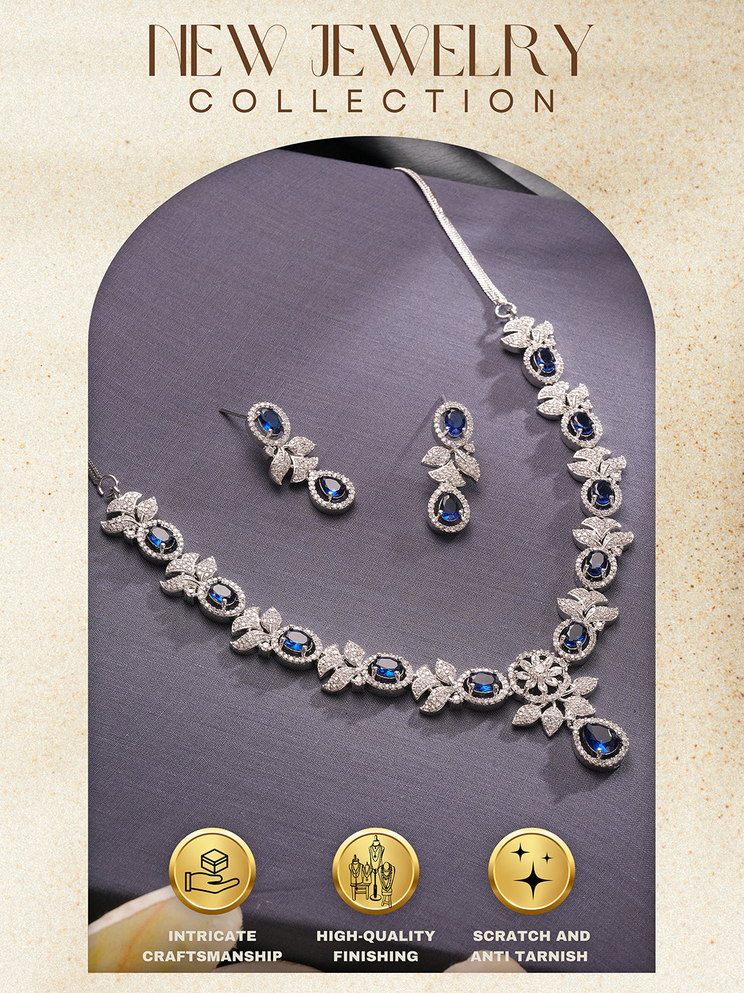 Silver Toned Sapphire Blue AD Studded Floral Delicate Statement Jewellery Set